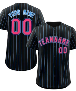 Custom Black Pink-Powder Blue Stripe Fashion Authentic Baseball Jersey