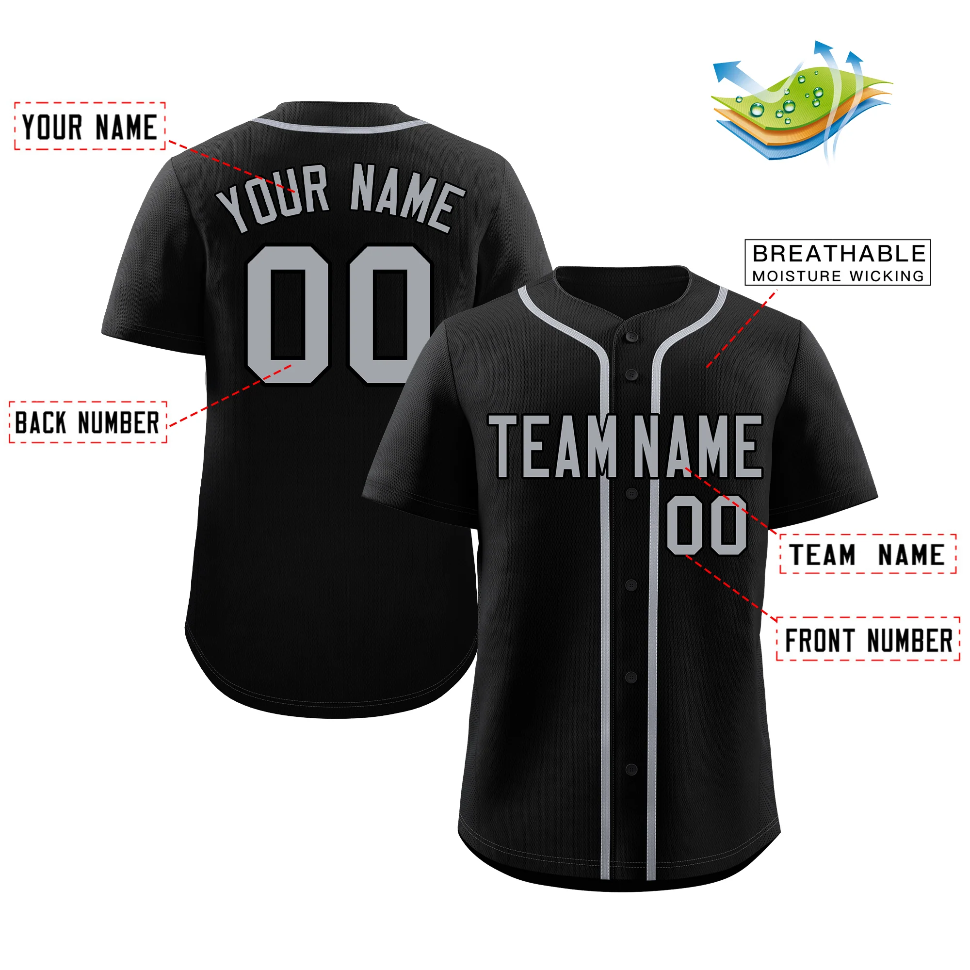 Custom Black Gray Classic Style Authentic Baseball Jersey - Image 2