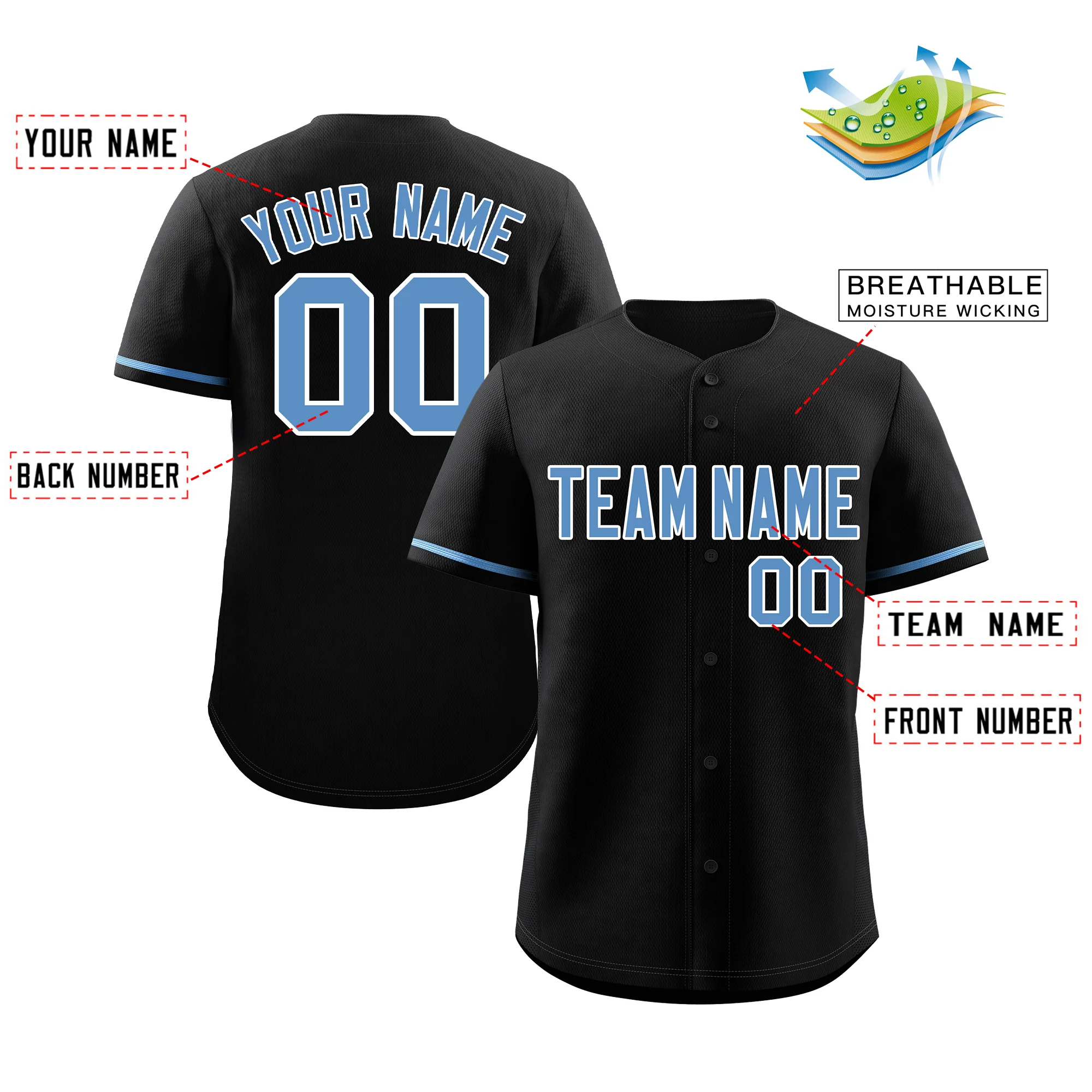 Custom Black Powder Blue-White Classic Style Authentic Baseball Jersey - Image 2