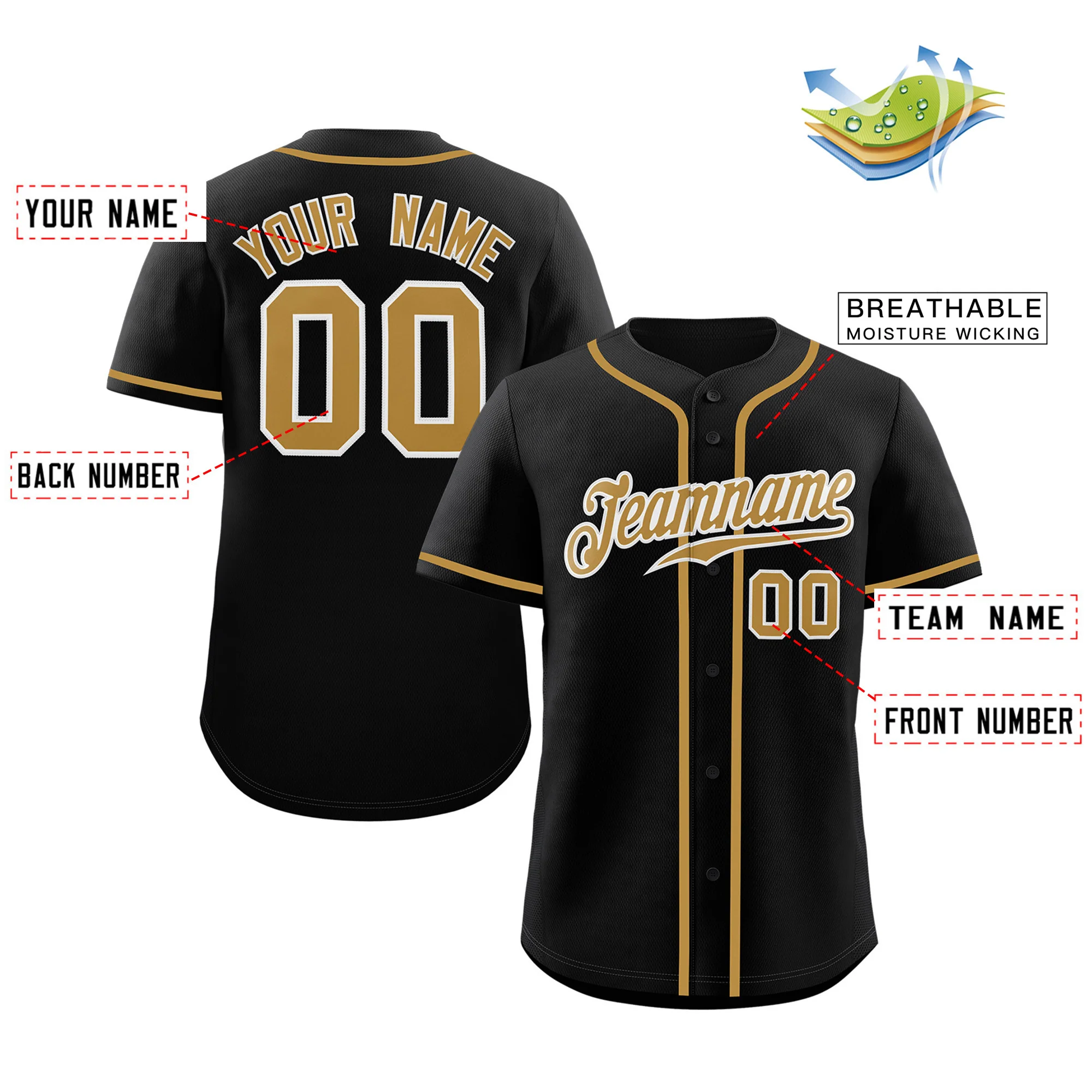 Custom Black Old Gold-White Classic Style Authentic Baseball Jersey - Image 2