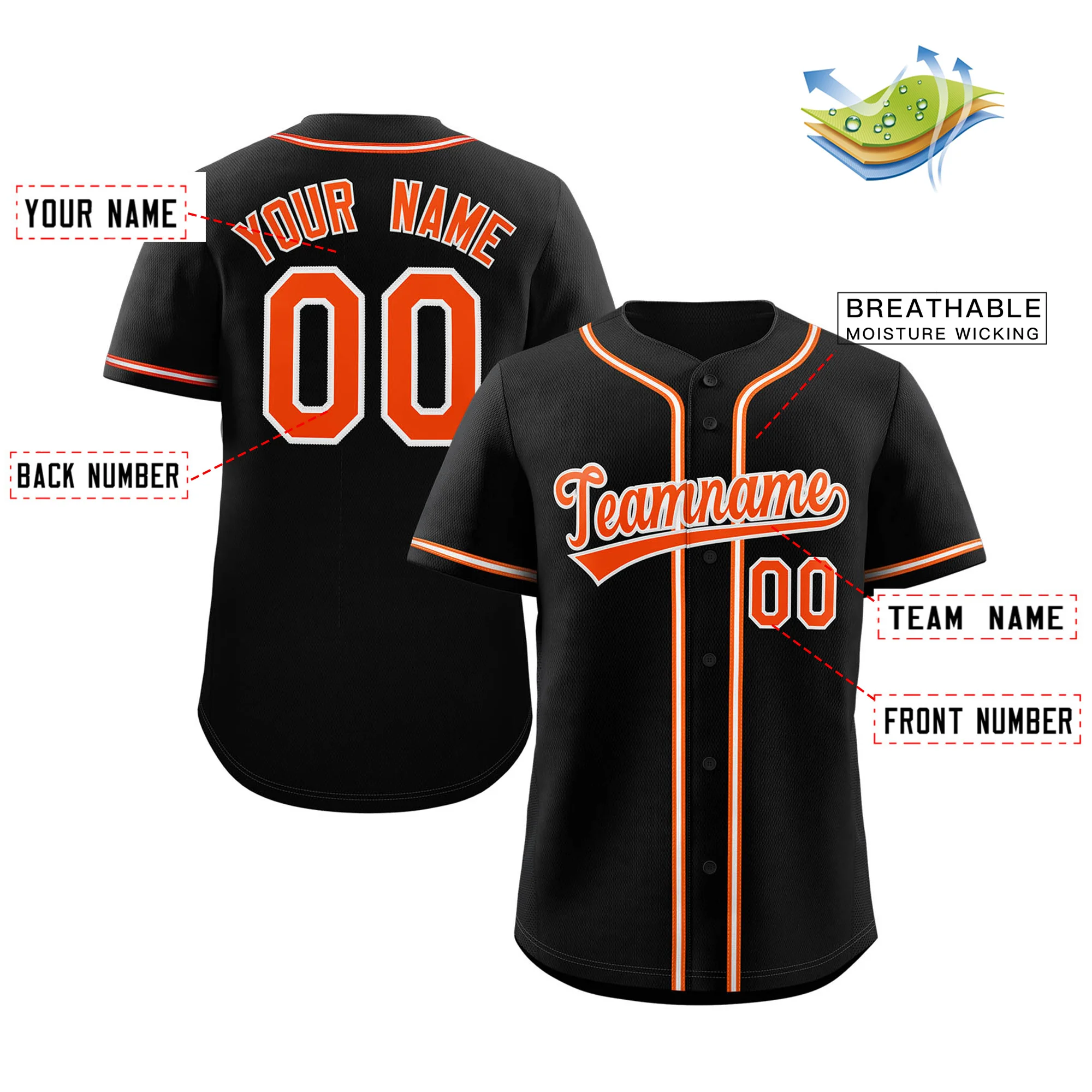 Custom Black Orange-White Classic Style Authentic Baseball Jersey - Image 2