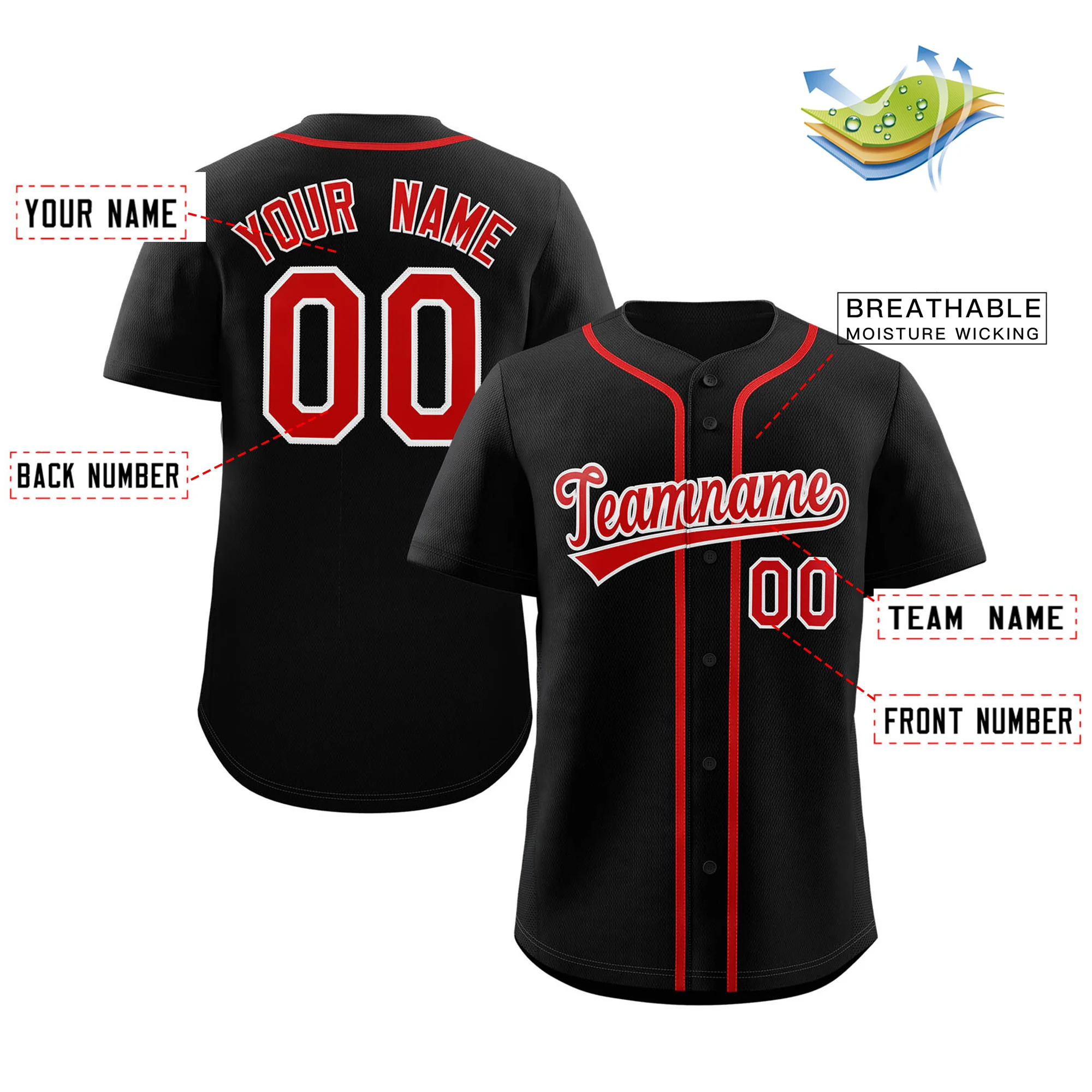Custom Black Red-White Classic Style Authentic Baseball Jersey - Image 2