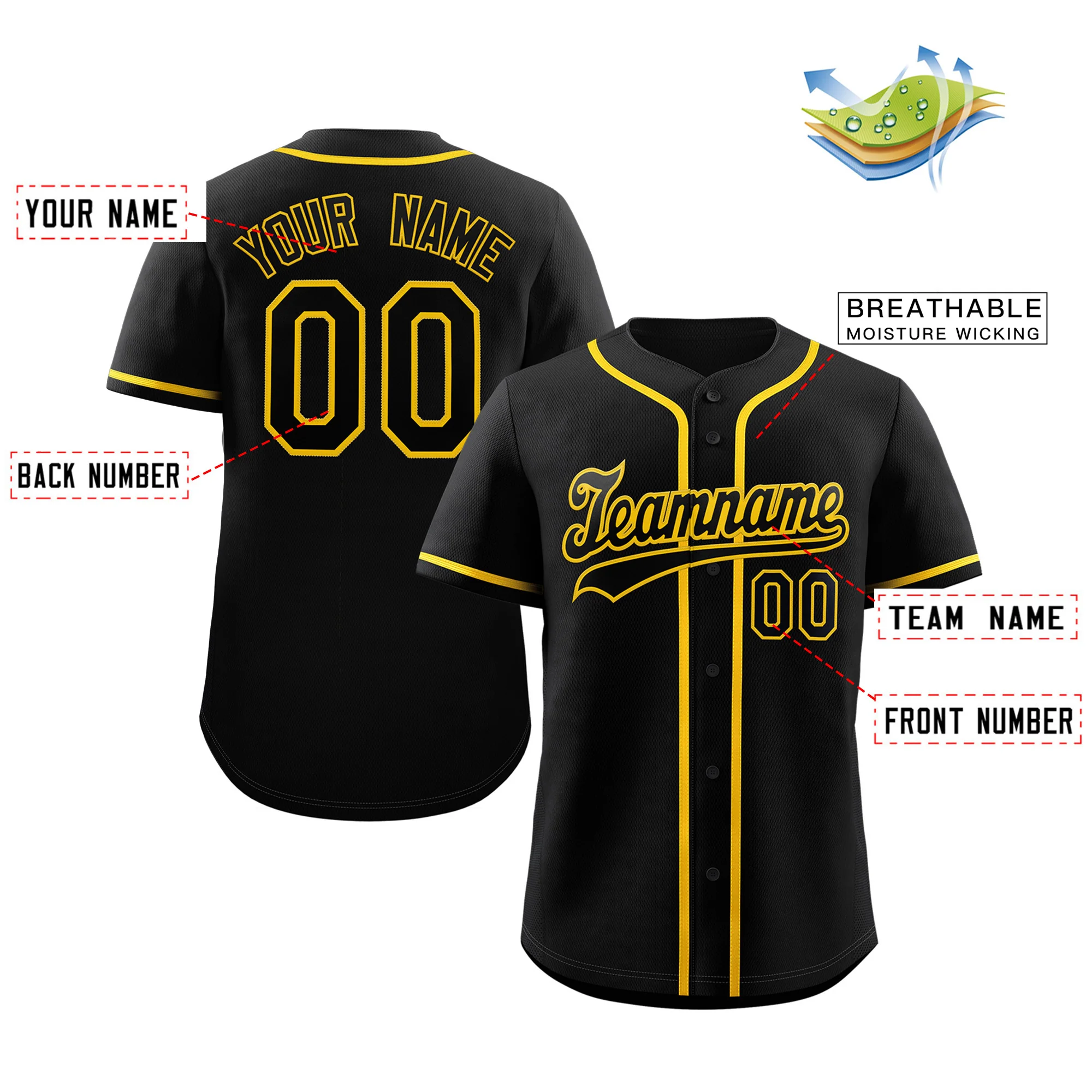 Custom Black Yellow Classic Style Authentic Baseball Jersey - Image 2