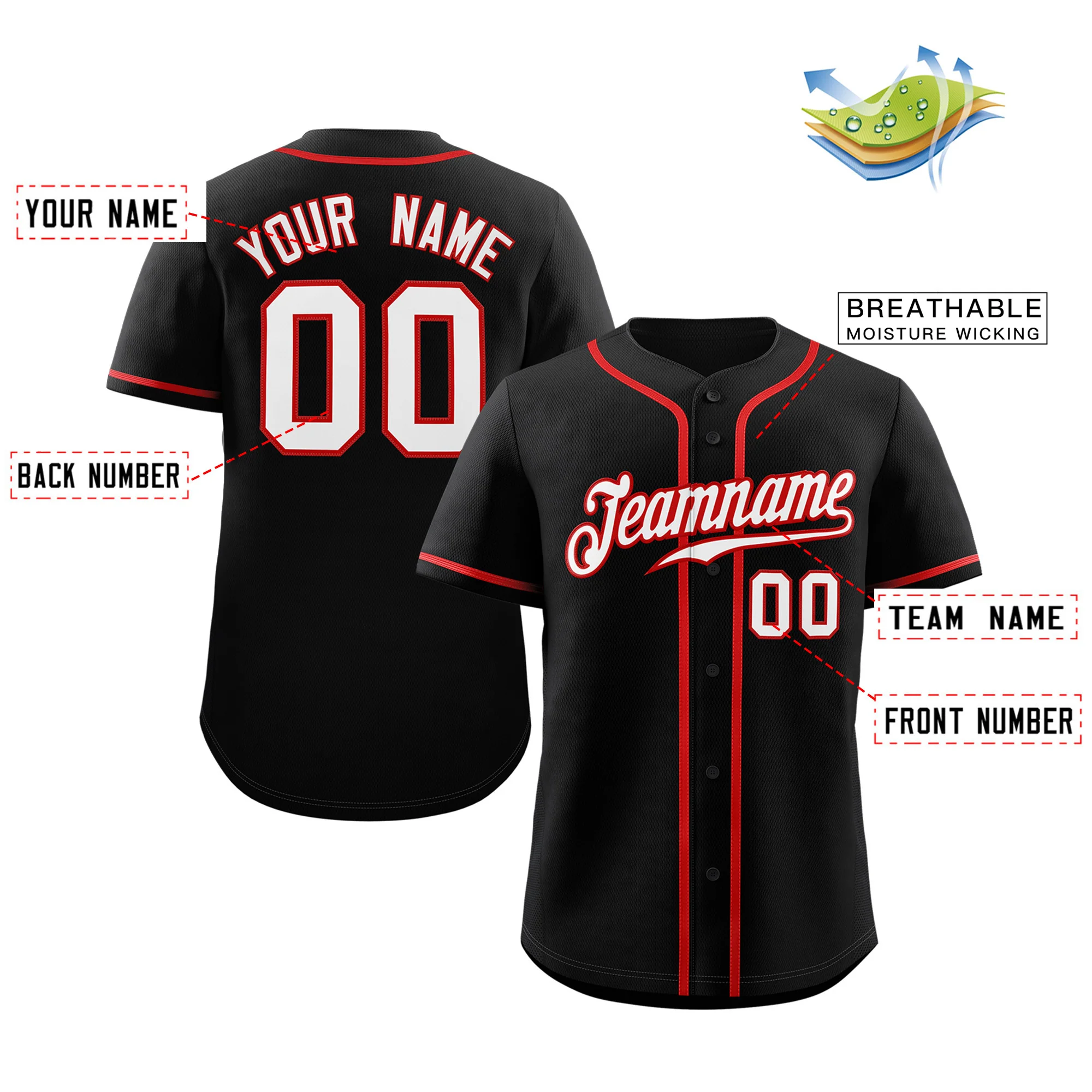 Custom Black White-Red Classic Style Authentic Baseball Jersey - Image 2