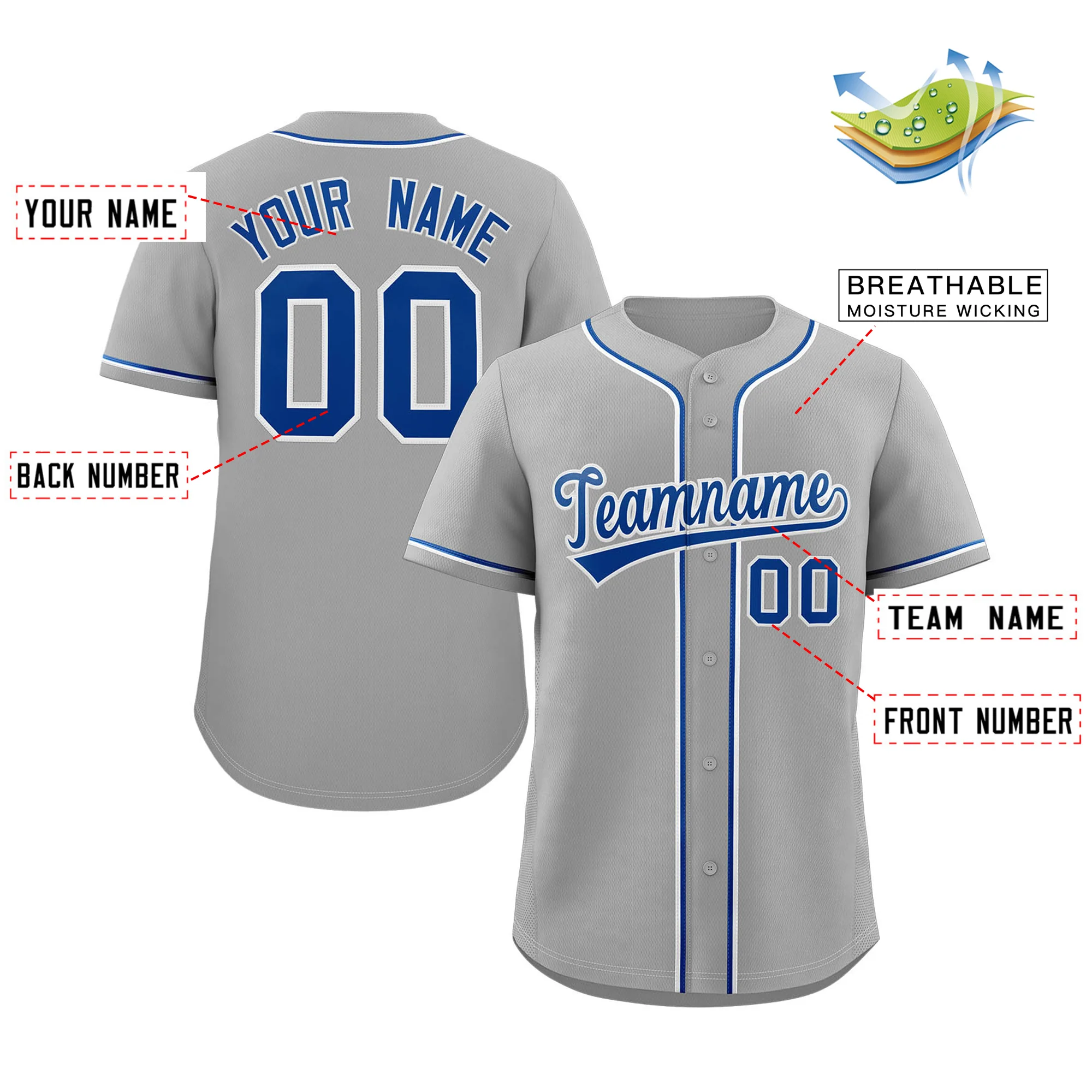 Custom Gray Royal-White Classic Style Authentic Baseball Jersey - Image 2