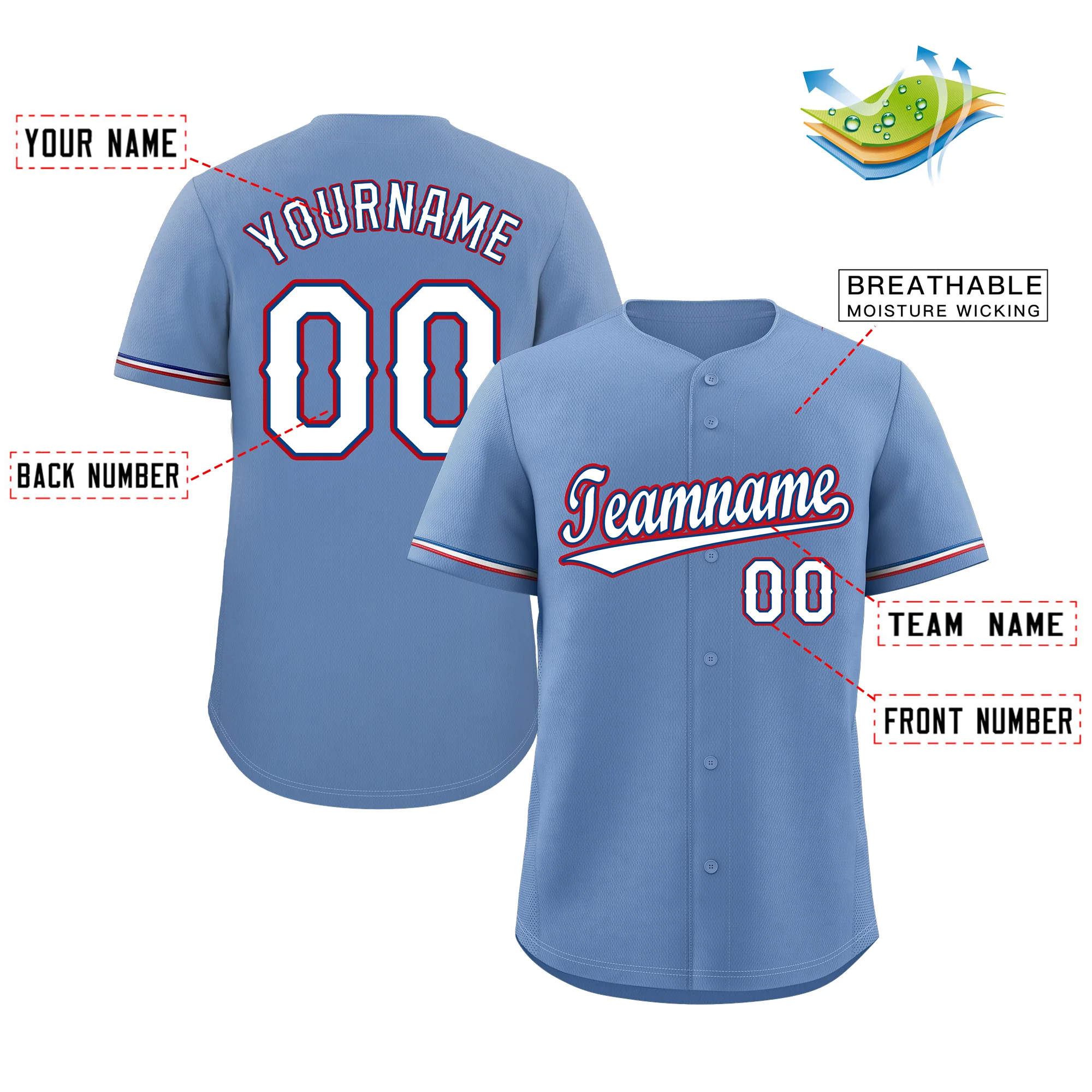 Custom Light Blue White-Red Classic Style Authentic Baseball Jersey - Image 2