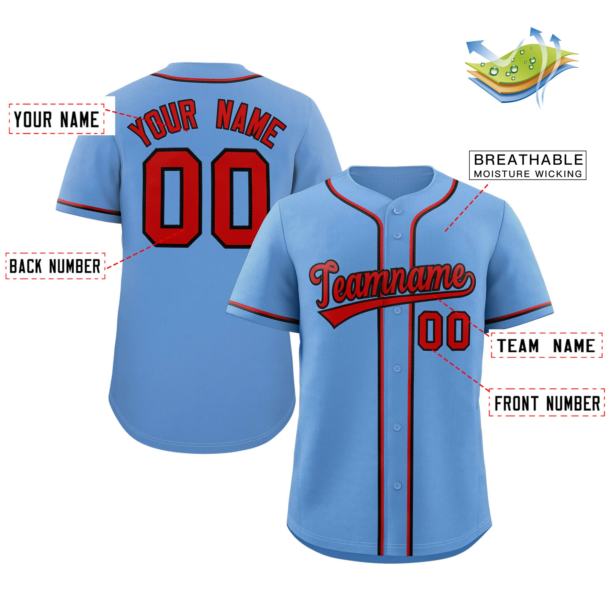 Custom Light Blue Red-Navy Classic Style Authentic Baseball Jersey - Image 2