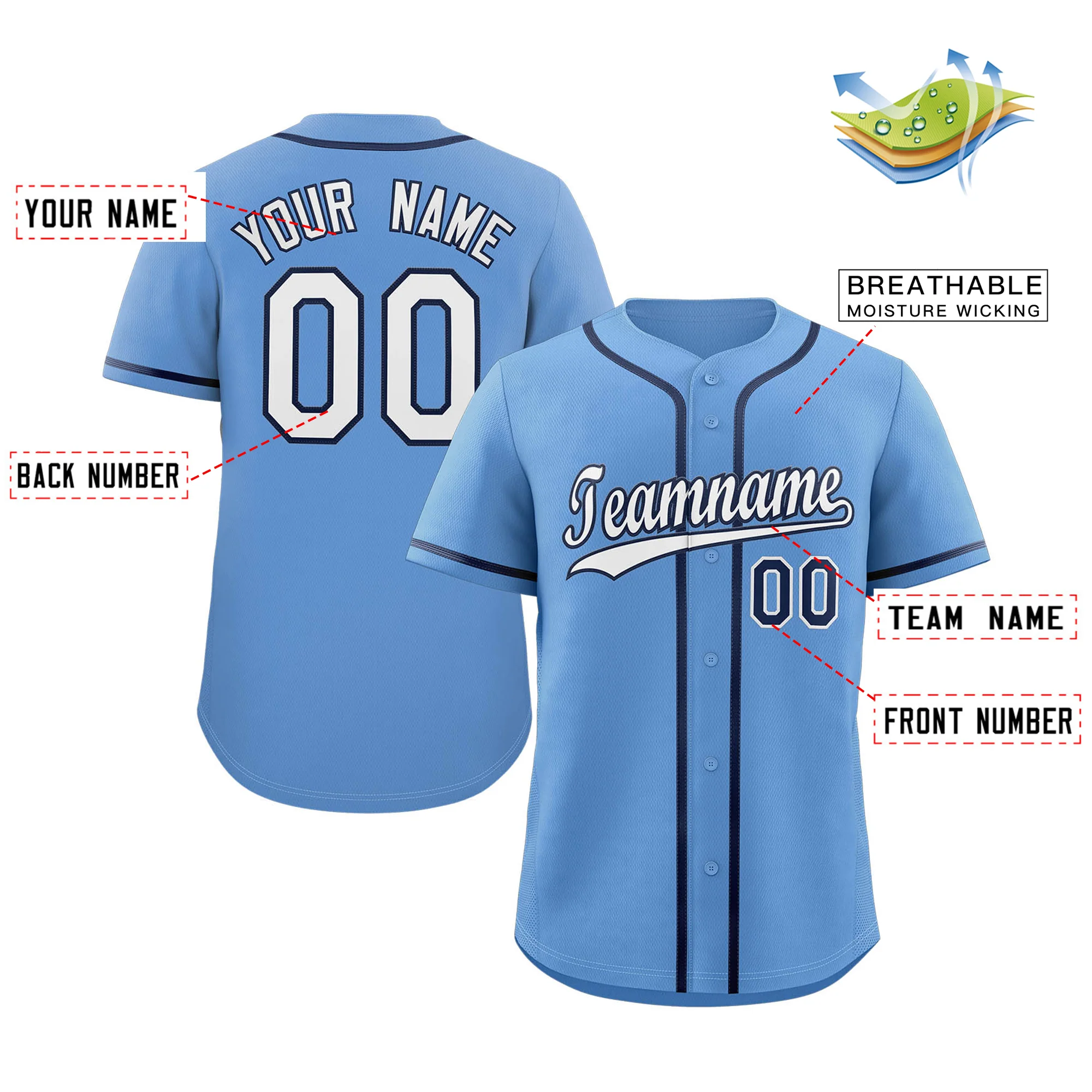 Custom Light Blue White-Navy Classic Style Authentic Baseball Jersey - Image 2