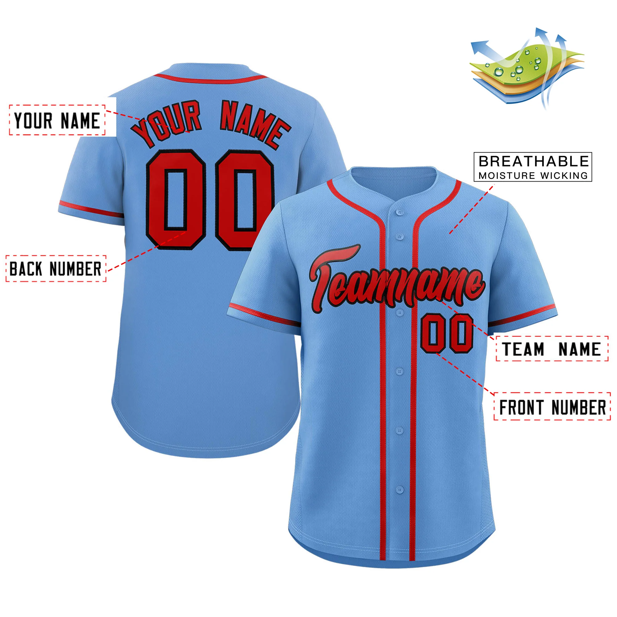 Custom Light Blue Red-Black Classic Style Authentic Baseball Jersey - Image 2