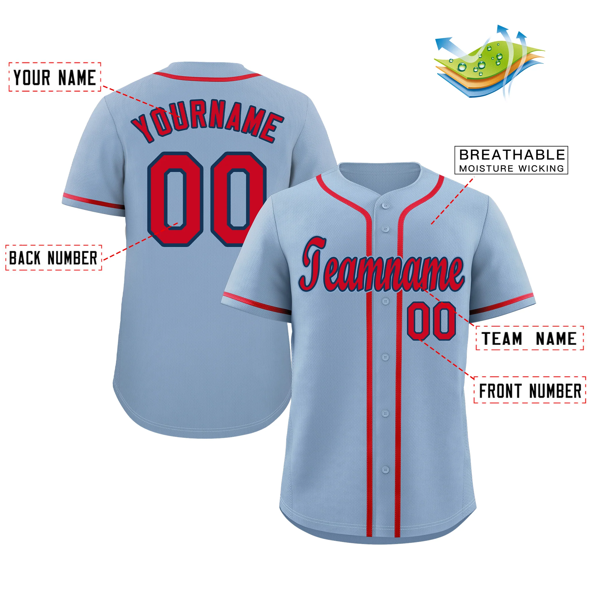 Custom Light Blue Red-Navy Classic Style Authentic Baseball Jersey - Image 2