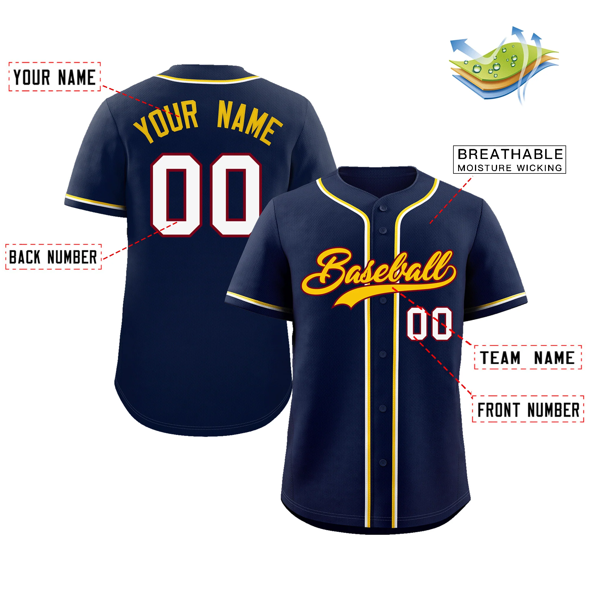 Custom Navy Gold-Crimson Classic Style Authentic Baseball Jersey - Image 2