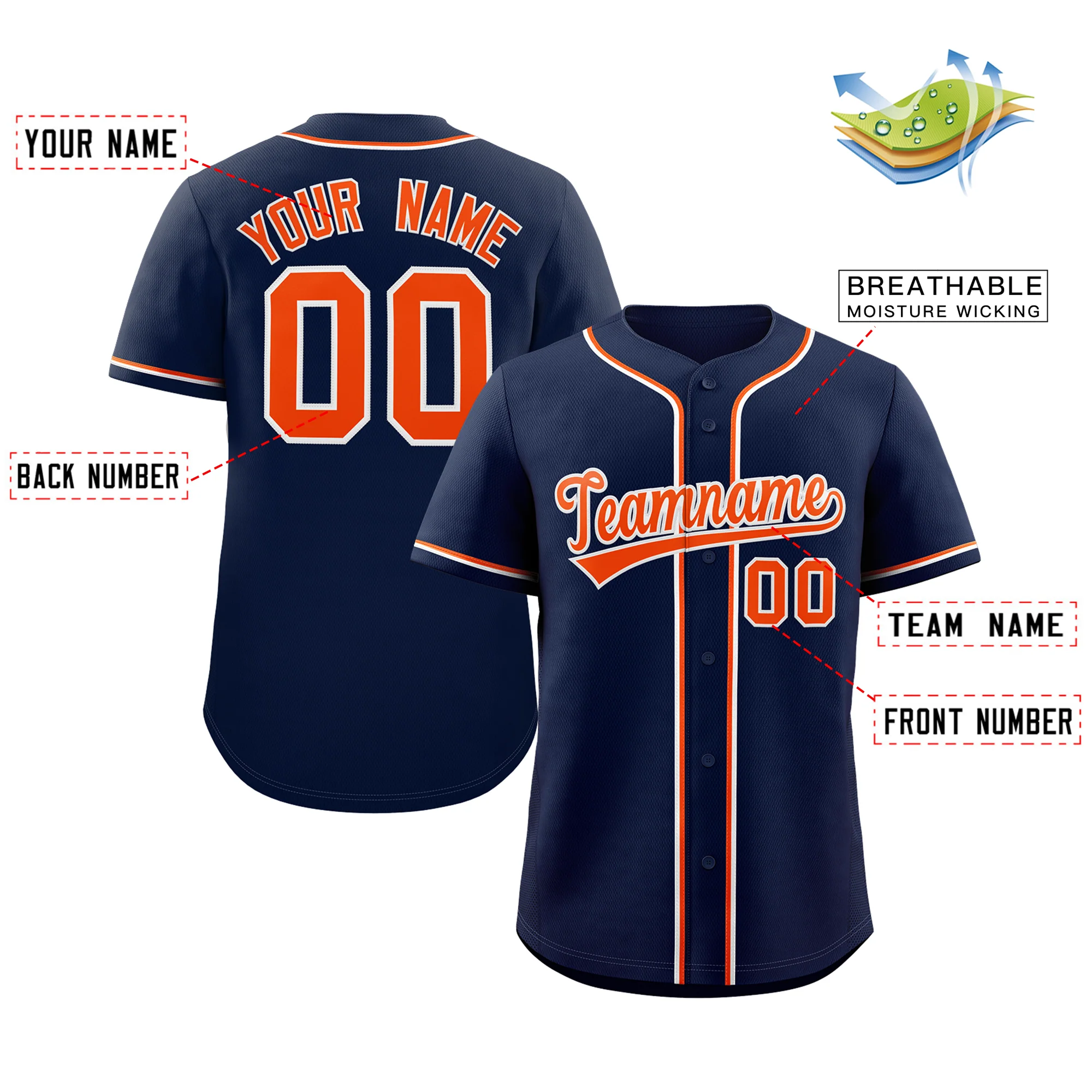 Custom Navy Orange-White Classic Style Authentic Baseball Jersey - Image 3
