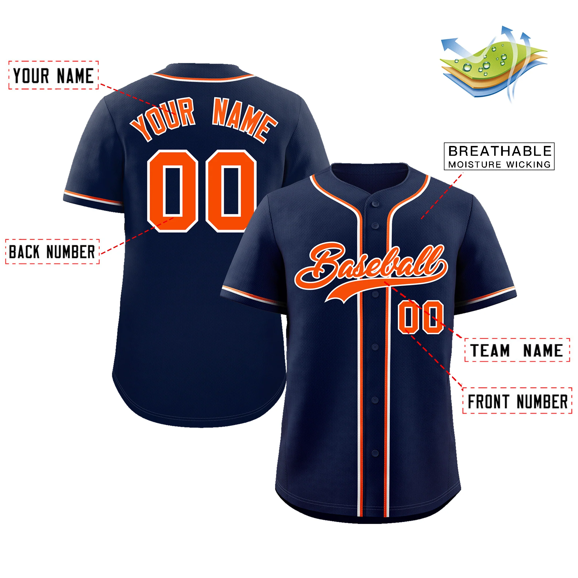 Custom Navy Orange-White Classic Style Authentic Baseball Jersey - Image 2