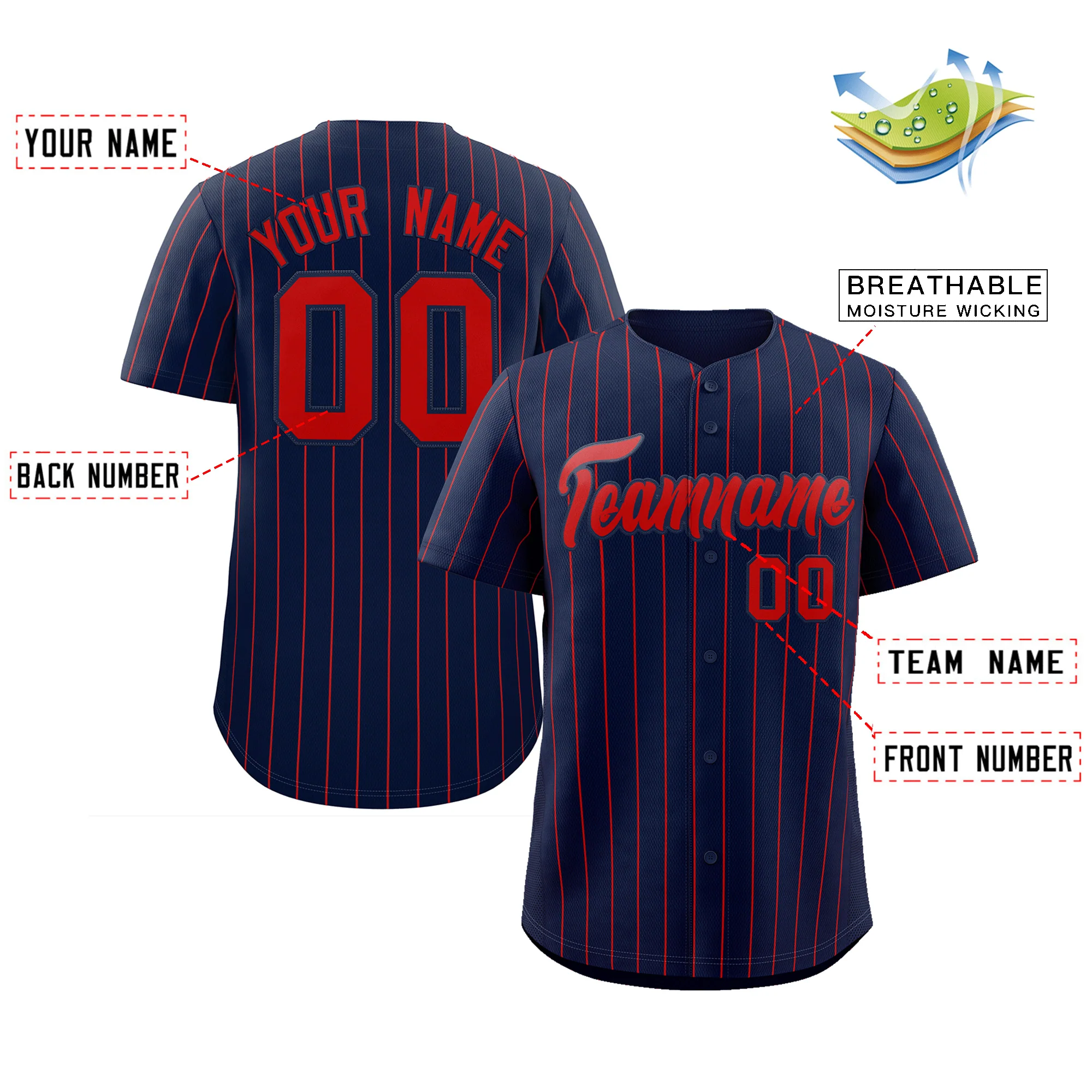 Custom Navy Red Stripe Fashion Authentic Baseball Jersey - Image 2