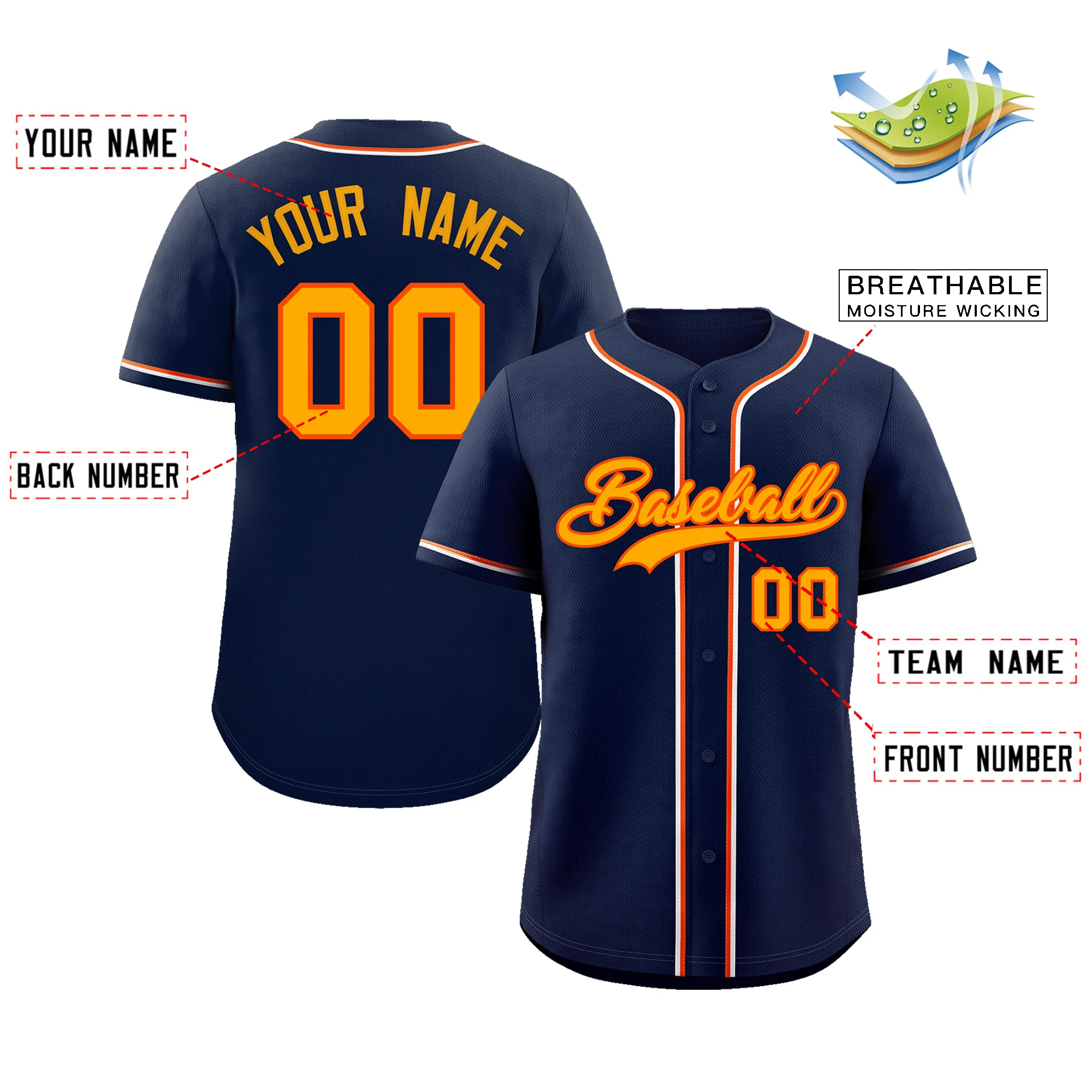 Custom Navy Yellow-Orange Classic Style Authentic Baseball Jersey - Image 2
