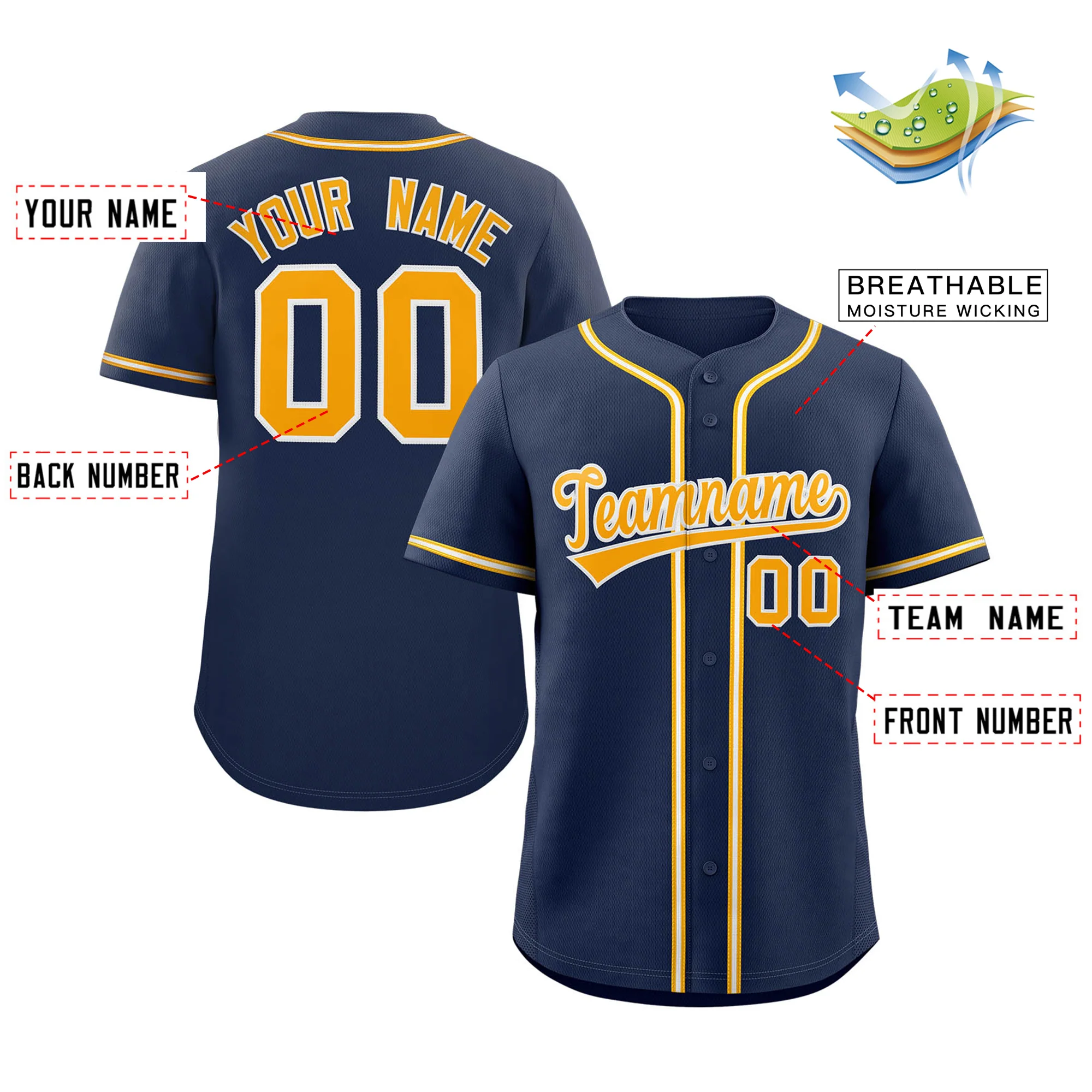 Custom Navy Yellow-White Classic Style Authentic Baseball Jersey - Image 2