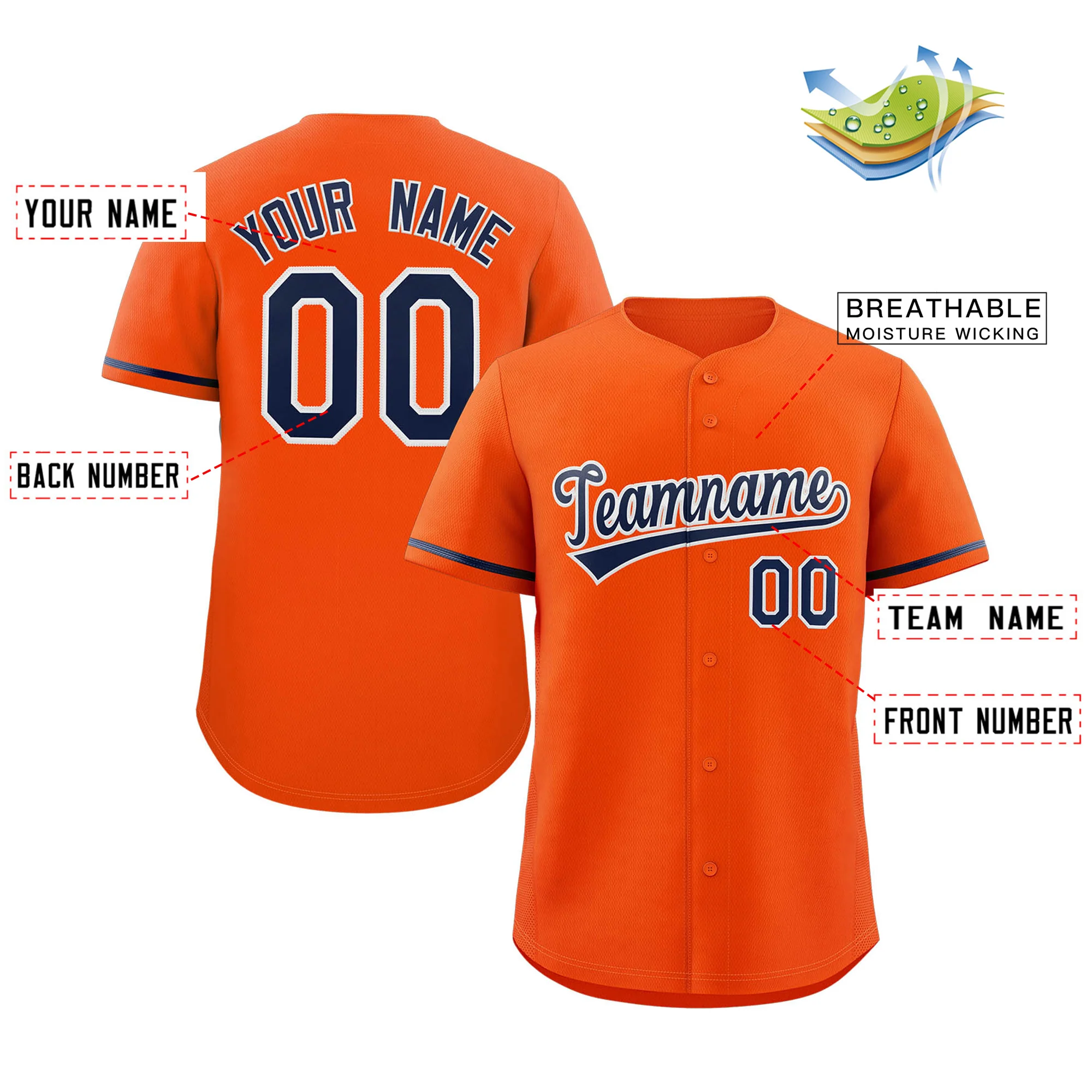 Custom Orange Navy-White Classic Style Authentic Baseball Jersey - Image 2