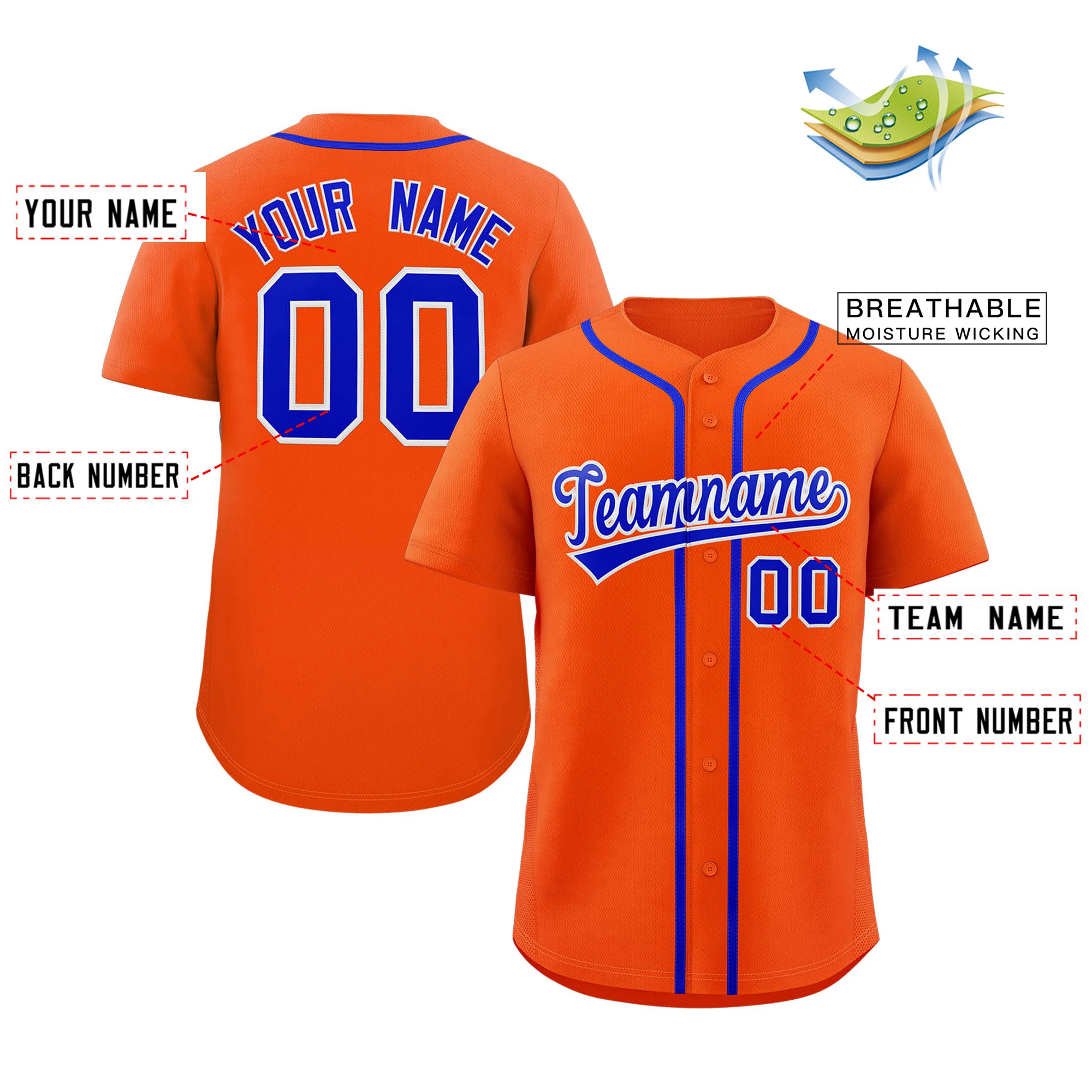 Custom Orange Royal-White Classic Style Authentic Baseball Jersey - Image 2