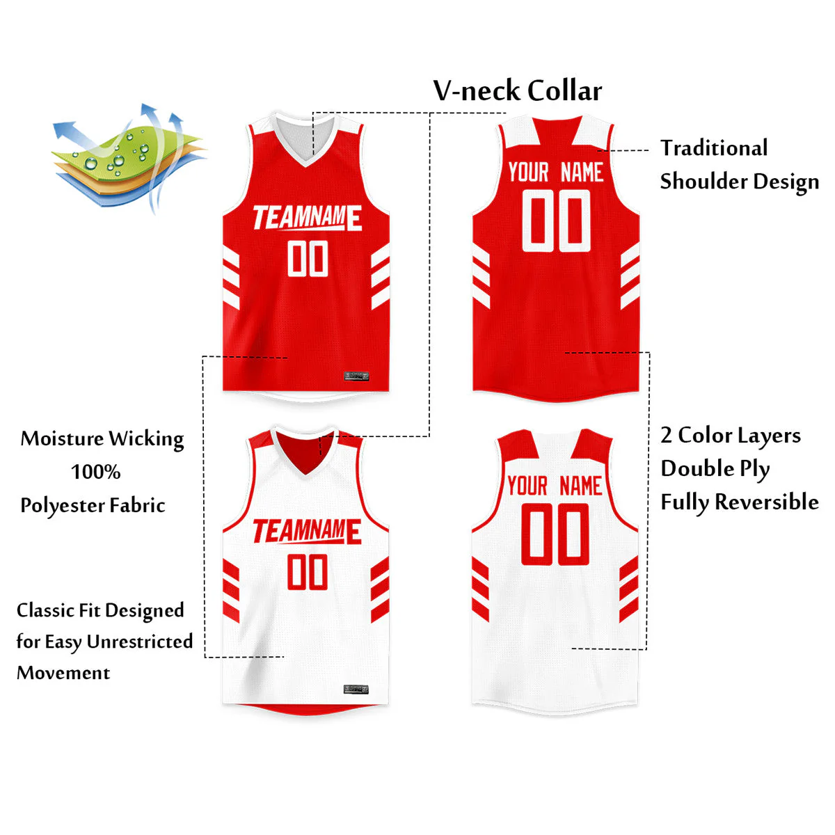 Custom White Red Double Side Tops Basketball Jersey - Image 2
