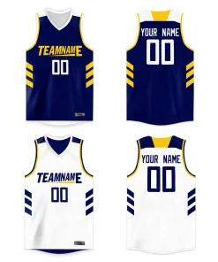 Custom White Navy-Yellow Double Side Tops Men/Boy Basketball Jersey