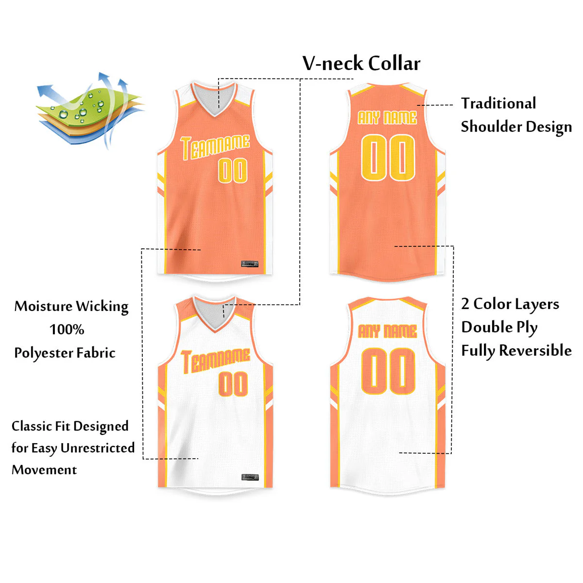 Custom Orange White Double Side Tops Men/Boy Basketball Jersey - Image 2
