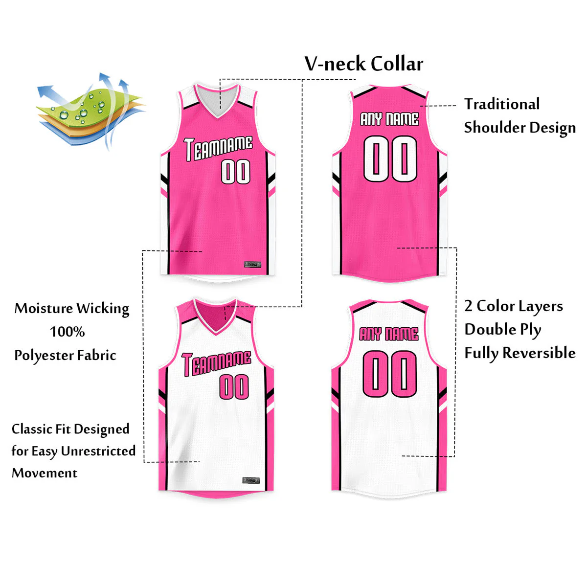 Custom Pink White Double Side Tops Men/Boy Basketball Jersey - Image 3