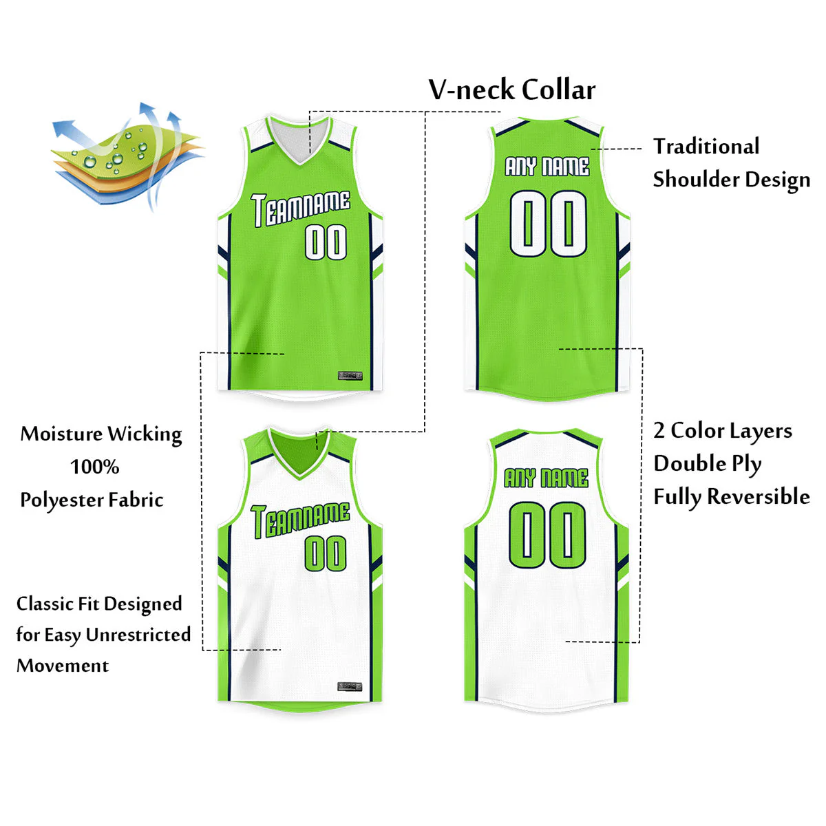 Custom White Green Double Side Tops Basketball Jersey - Image 2