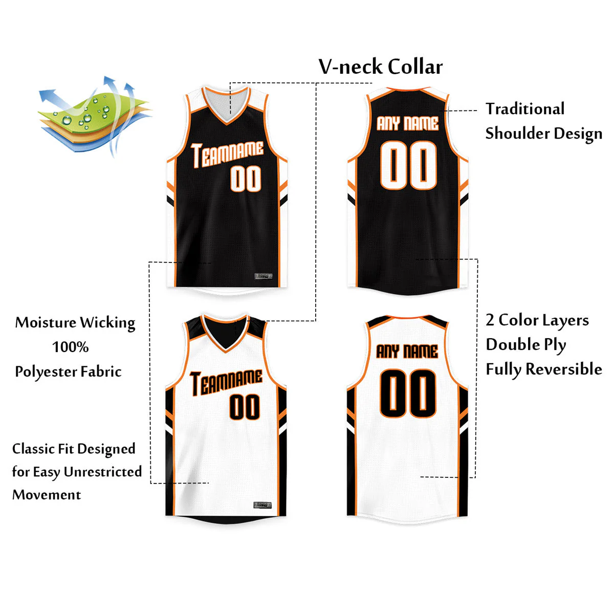 Custom White orange Double Side Tops Basketball Jersey - Image 2