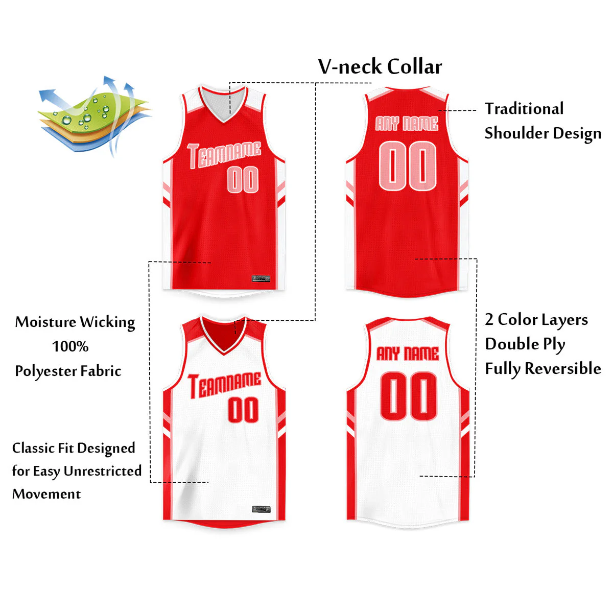 Custom Red White Double Side Tops Basketball Jersey - Image 2
