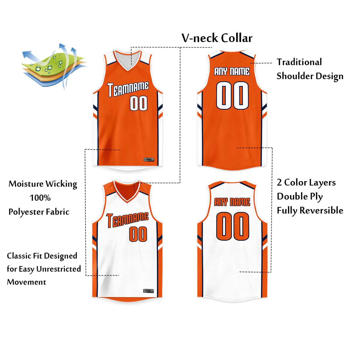 Custom Orange White Double Side Tops Basketball Jersey - Image 2