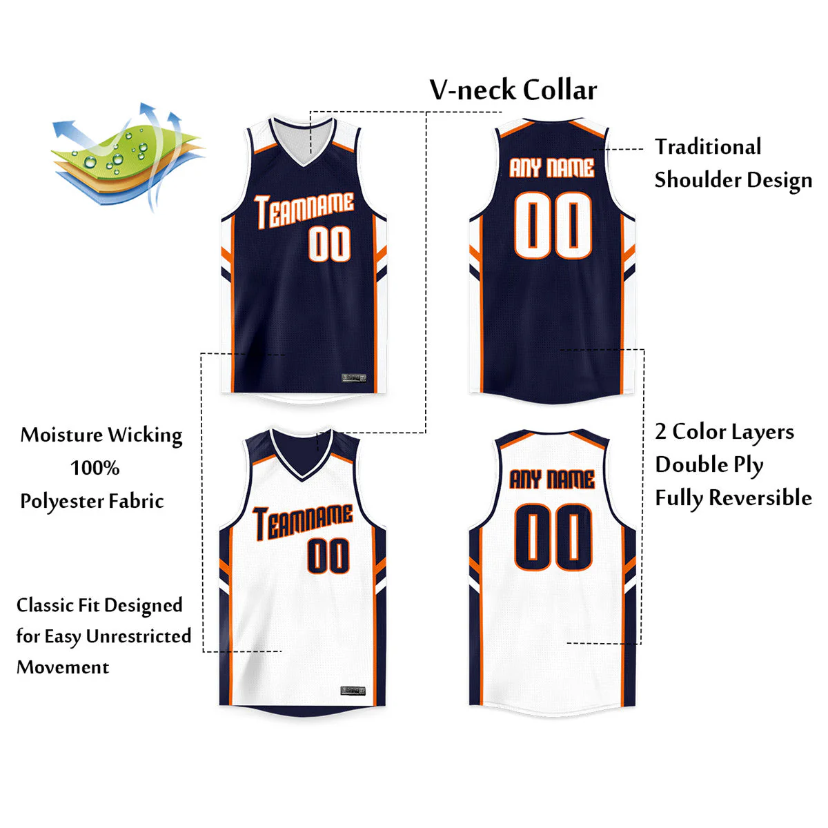 Custom Navy White-Orange Double Side Tops Men/Boy Basketball Jersey - Image 2