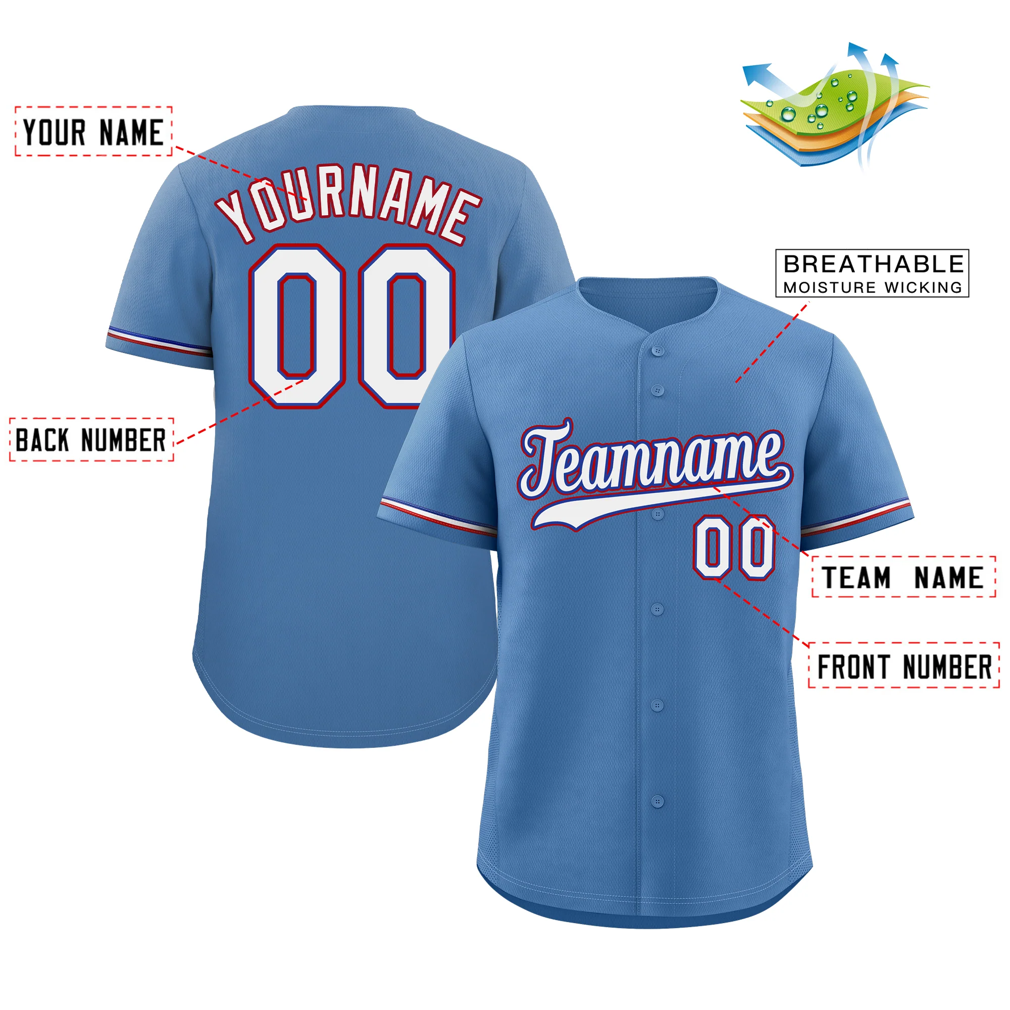 Custom Light Blue White-Red Hook Classic Style Authentic Baseball Jersey - Image 2