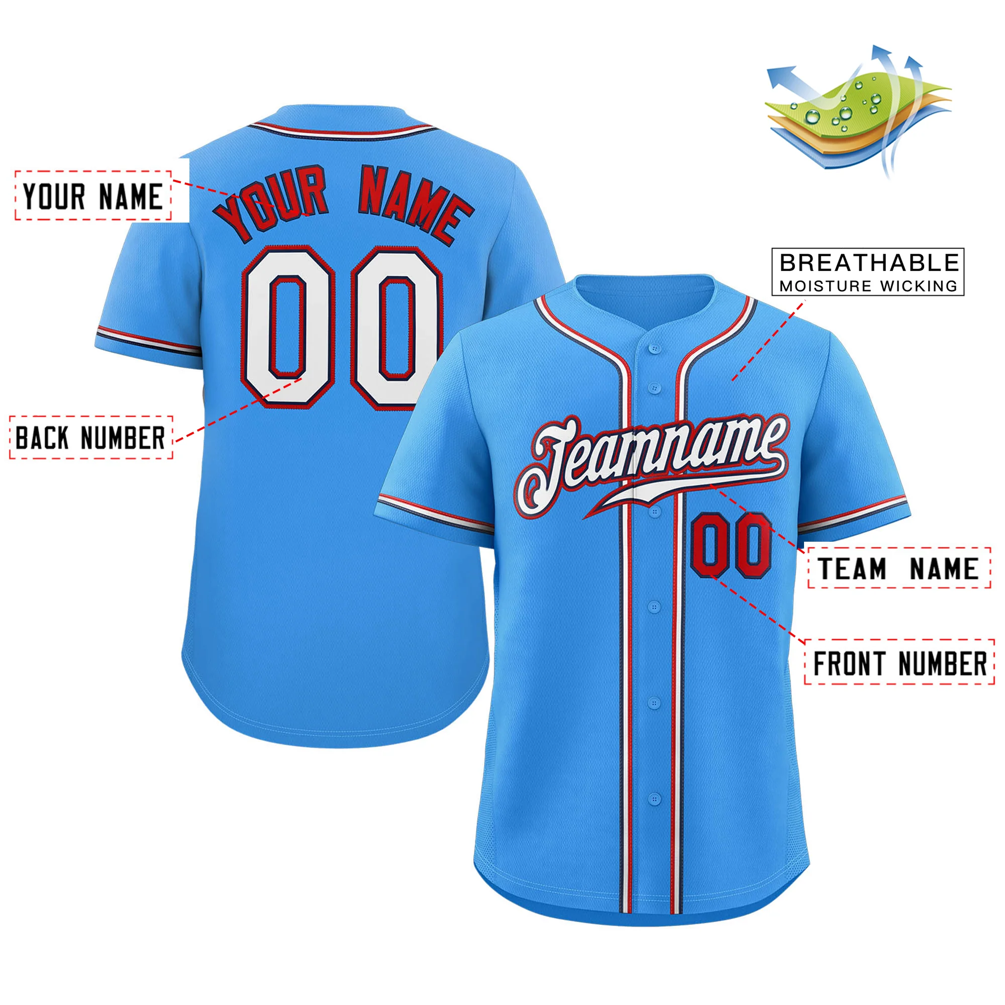 Custom Powder Blue White-Red Classic Style Authentic Baseball Jersey - Image 3