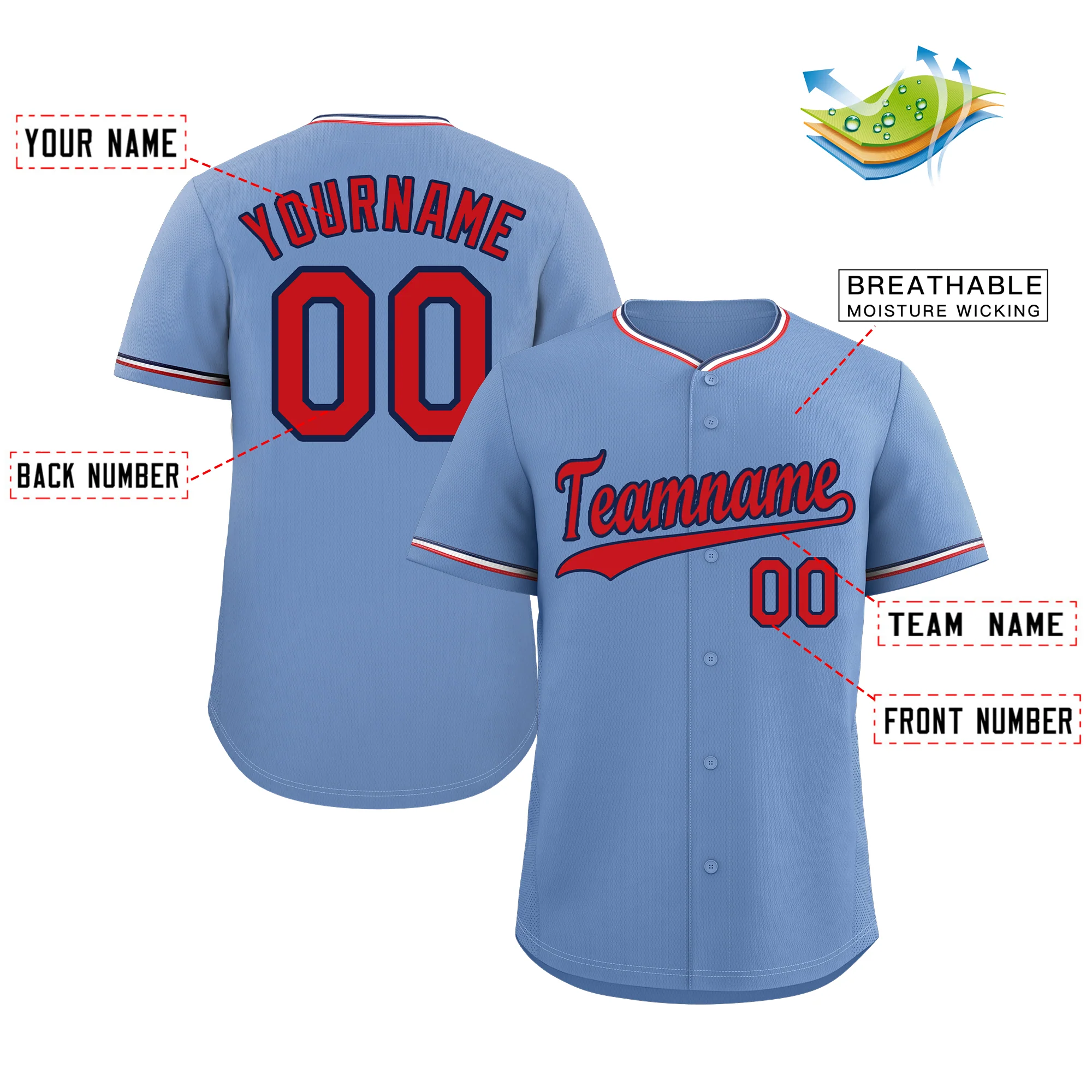 Custom Light Blue Red-Navy Classic Style Authentic Baseball Jersey - Image 2