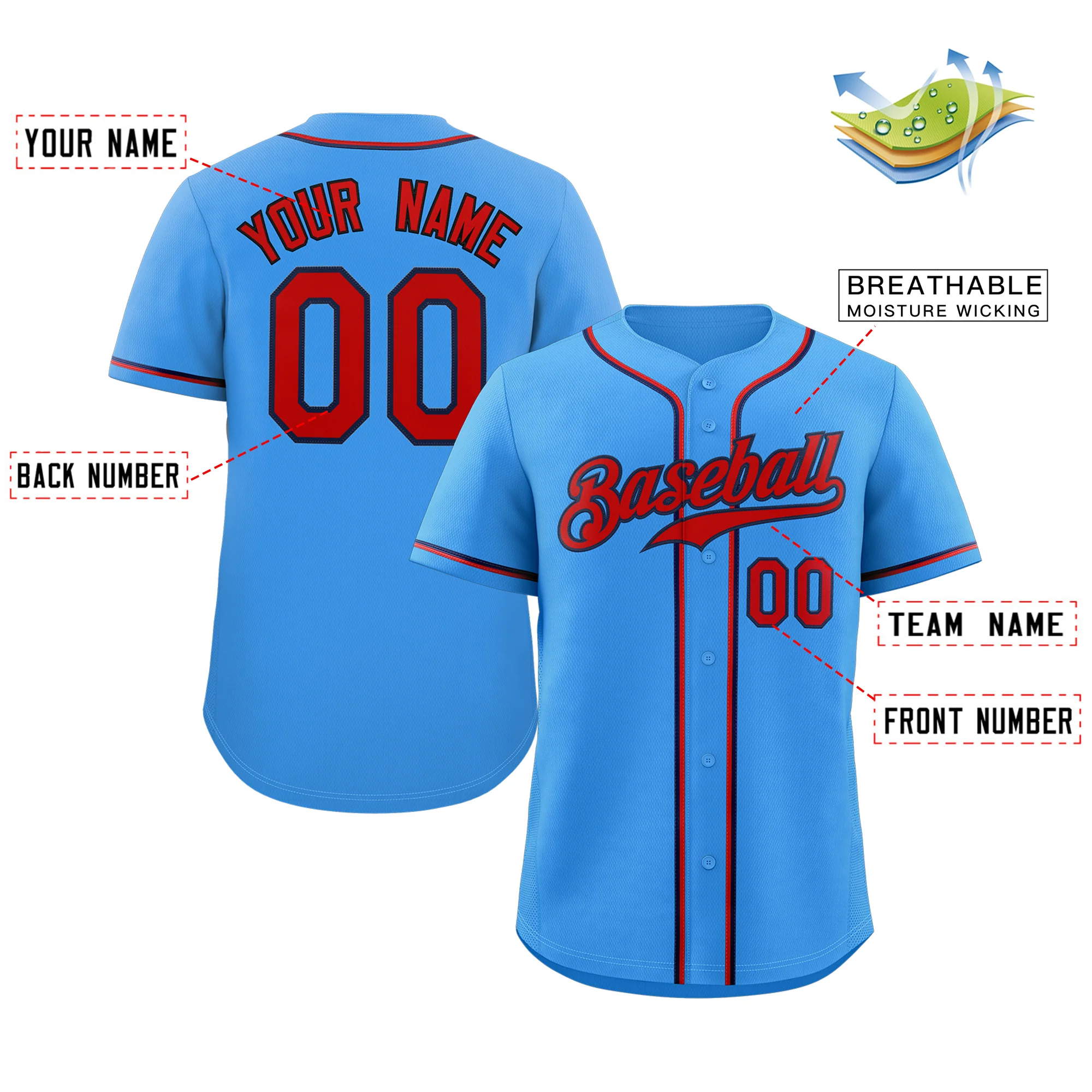 Custom Powder Blue Red-Navy Classic Style Authentic Baseball Jersey - Image 2