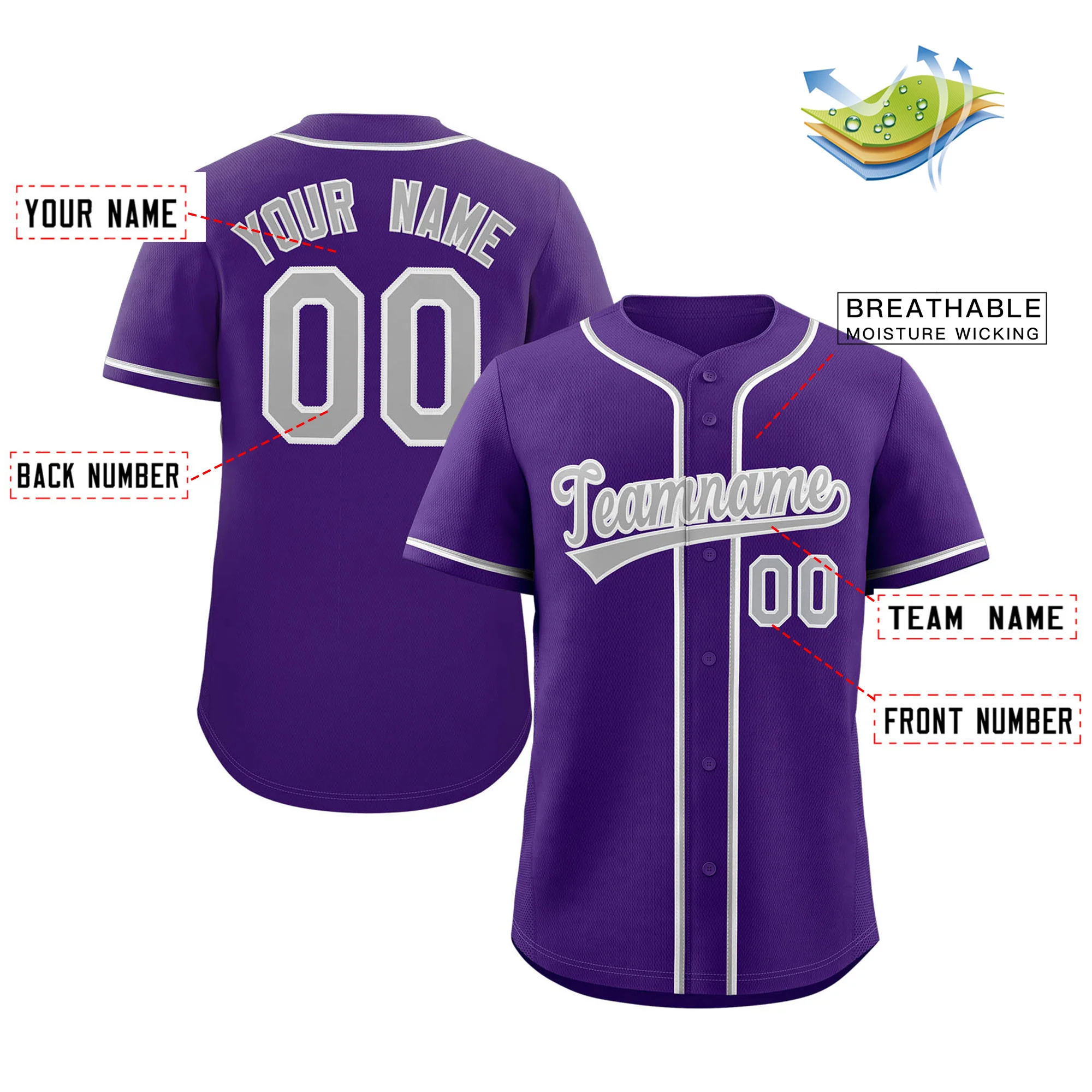 Custom Purple Gray-White Classic Style Authentic Baseball Jersey - Image 2
