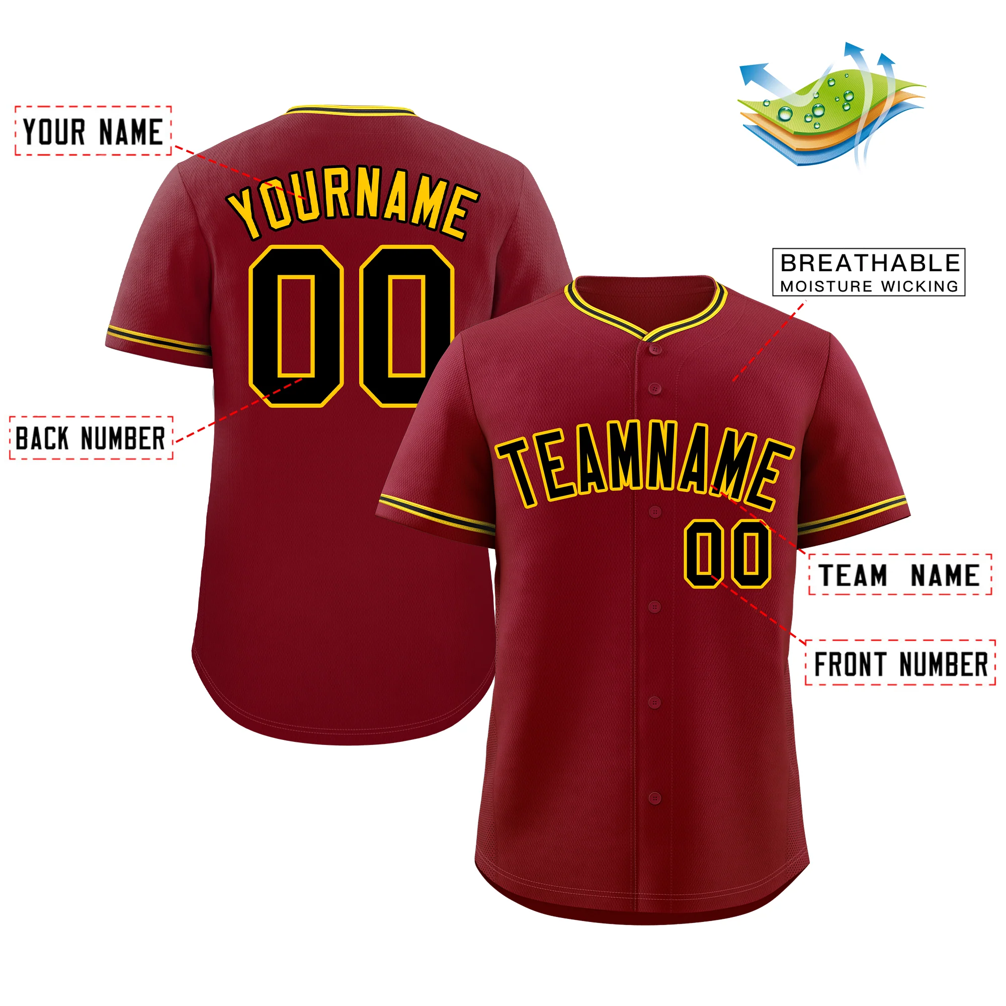 Custom Crimson Black-Gold Bull Classic Style Authentic Baseball Jersey - Image 2