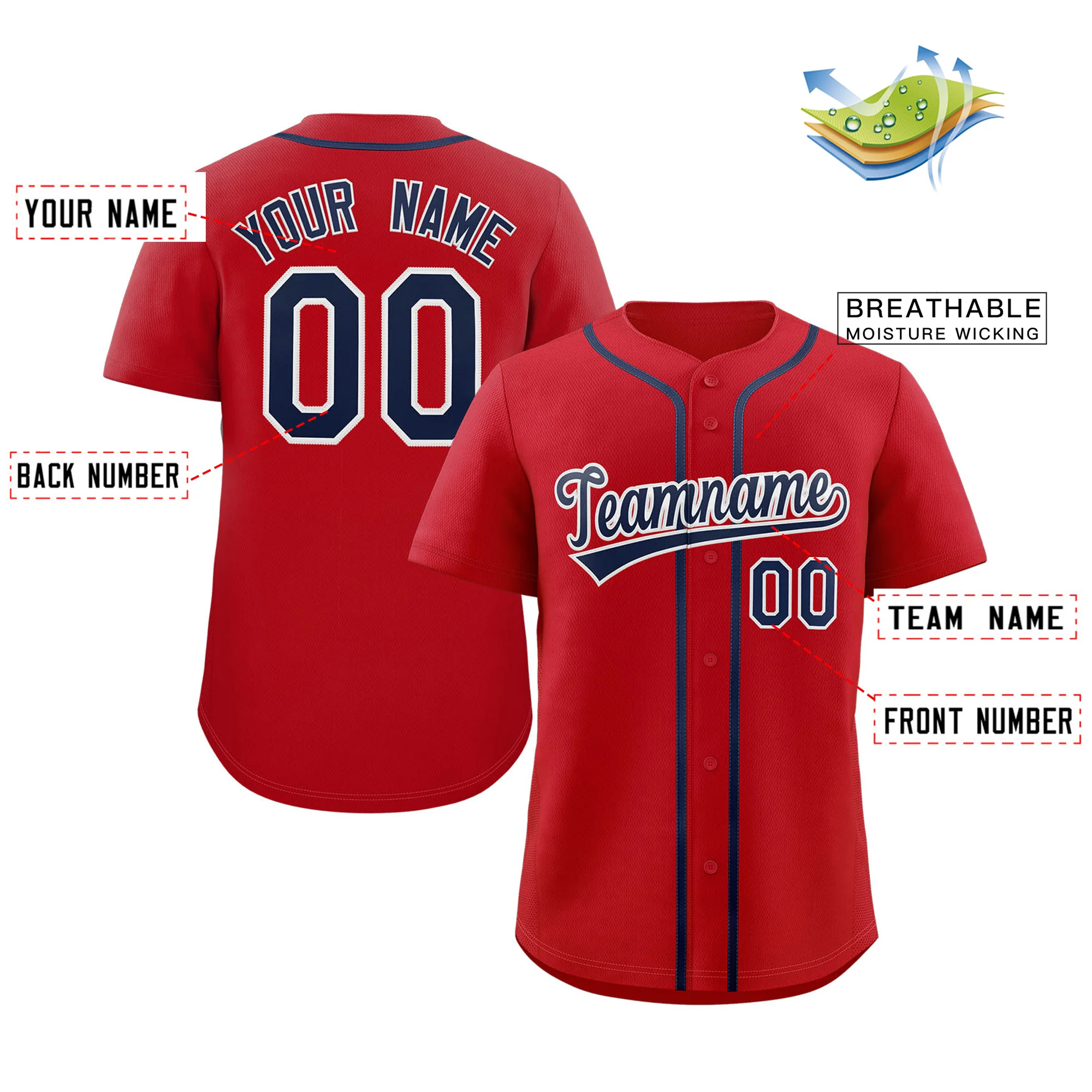 Custom Red Navy-White Classic Style Authentic Baseball Jersey - Image 3