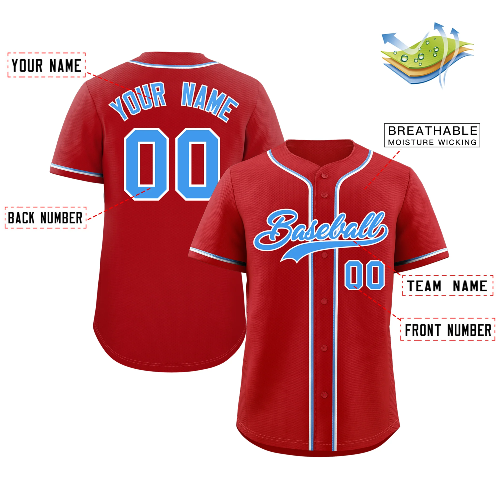 Custom Red Powder Blue-White Classic Style Authentic Baseball Jersey - Image 2