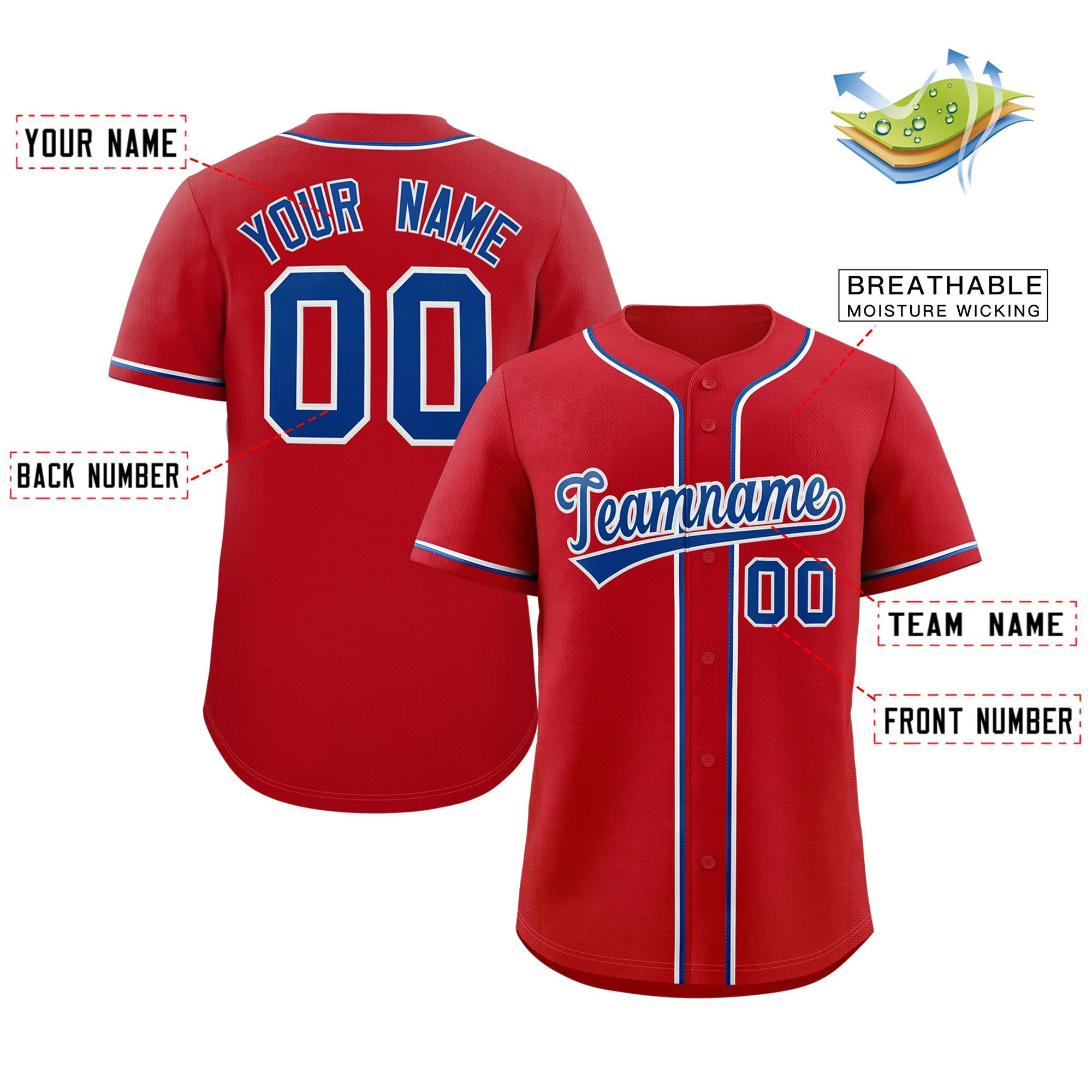 Custom Red Royal-White Classic Style Authentic Baseball Jersey - Image 2