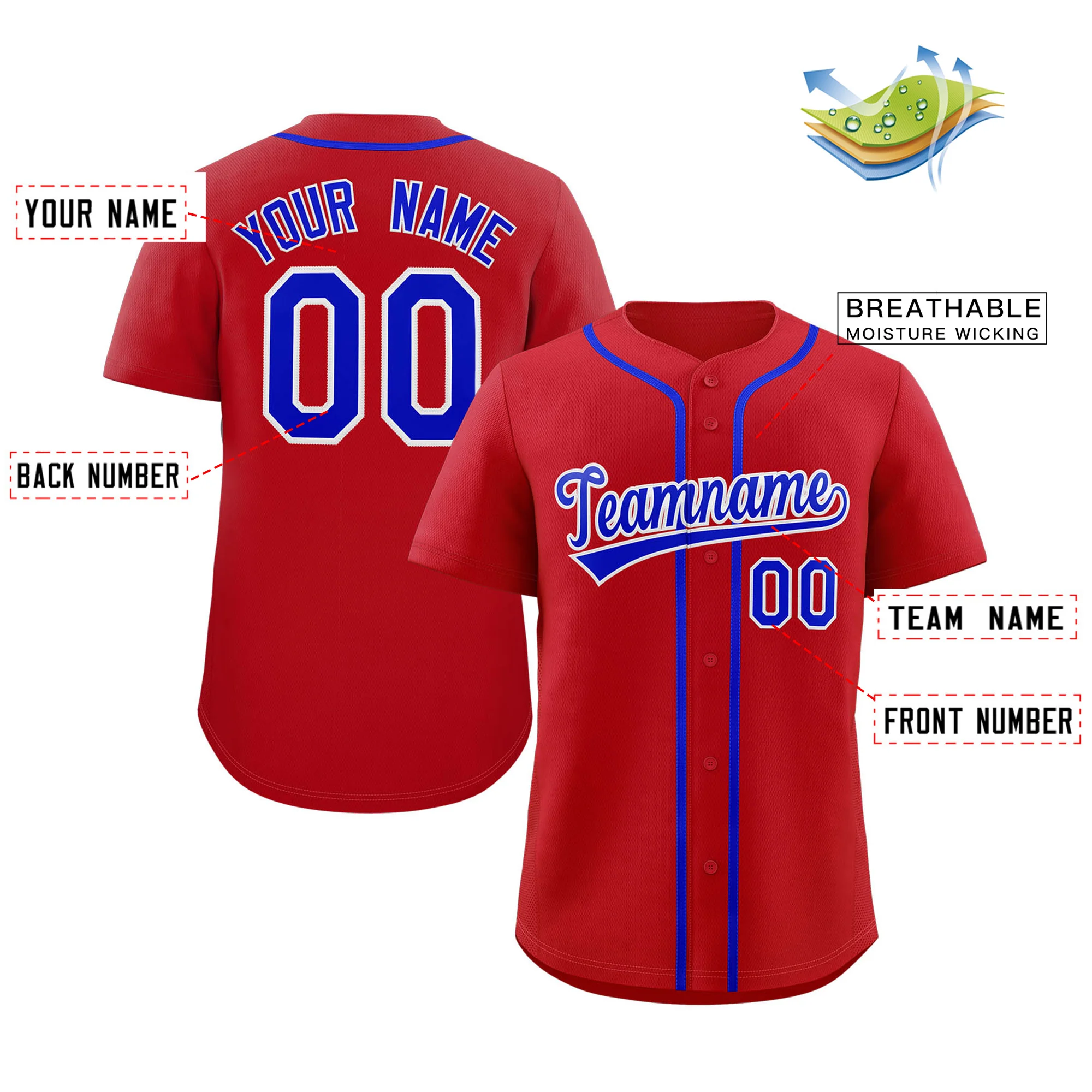 Custom Red Royal-White Classic Style Authentic Baseball Jersey - Image 2