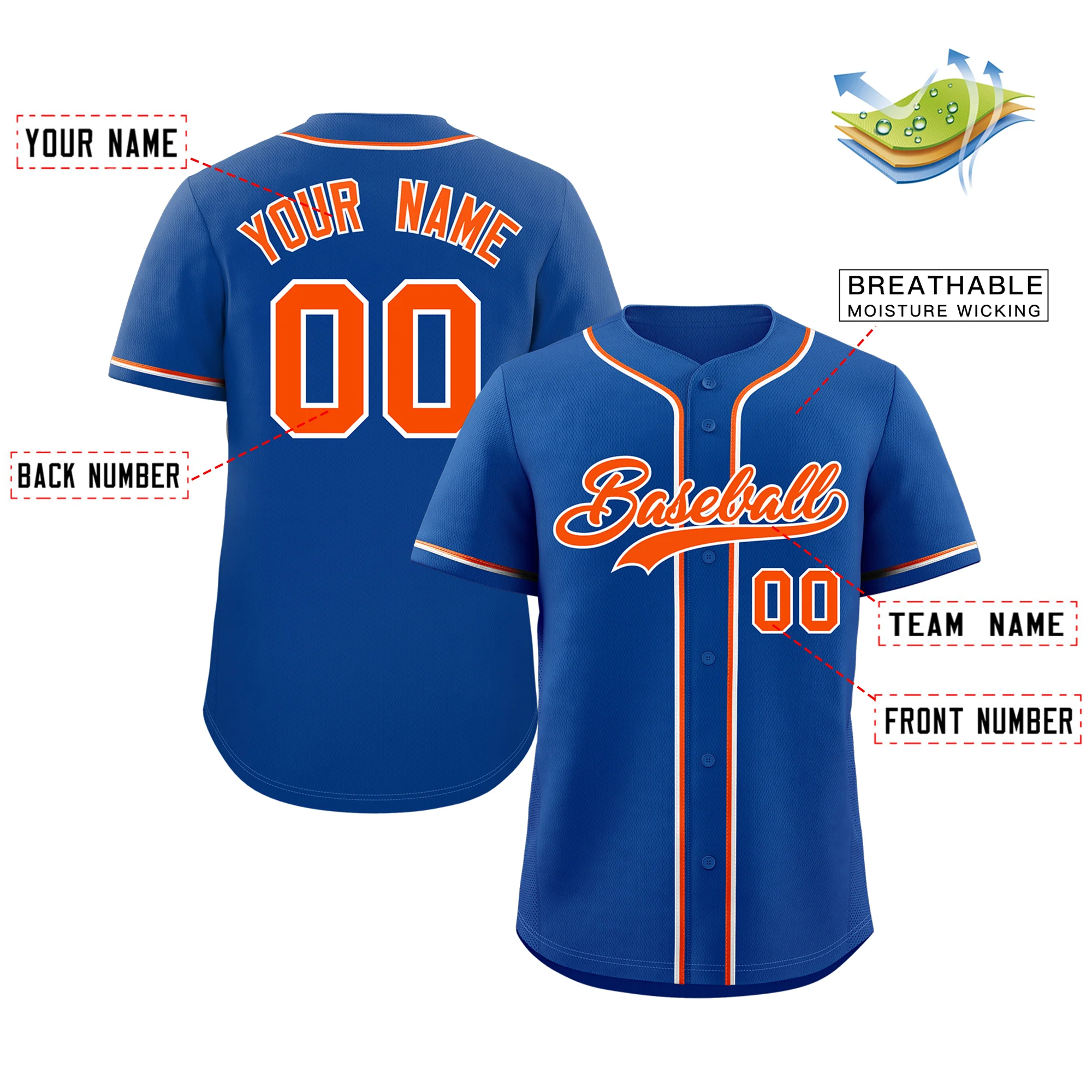 Custom Royal Orange-White Classic Style Authentic Baseball Jersey - Image 2