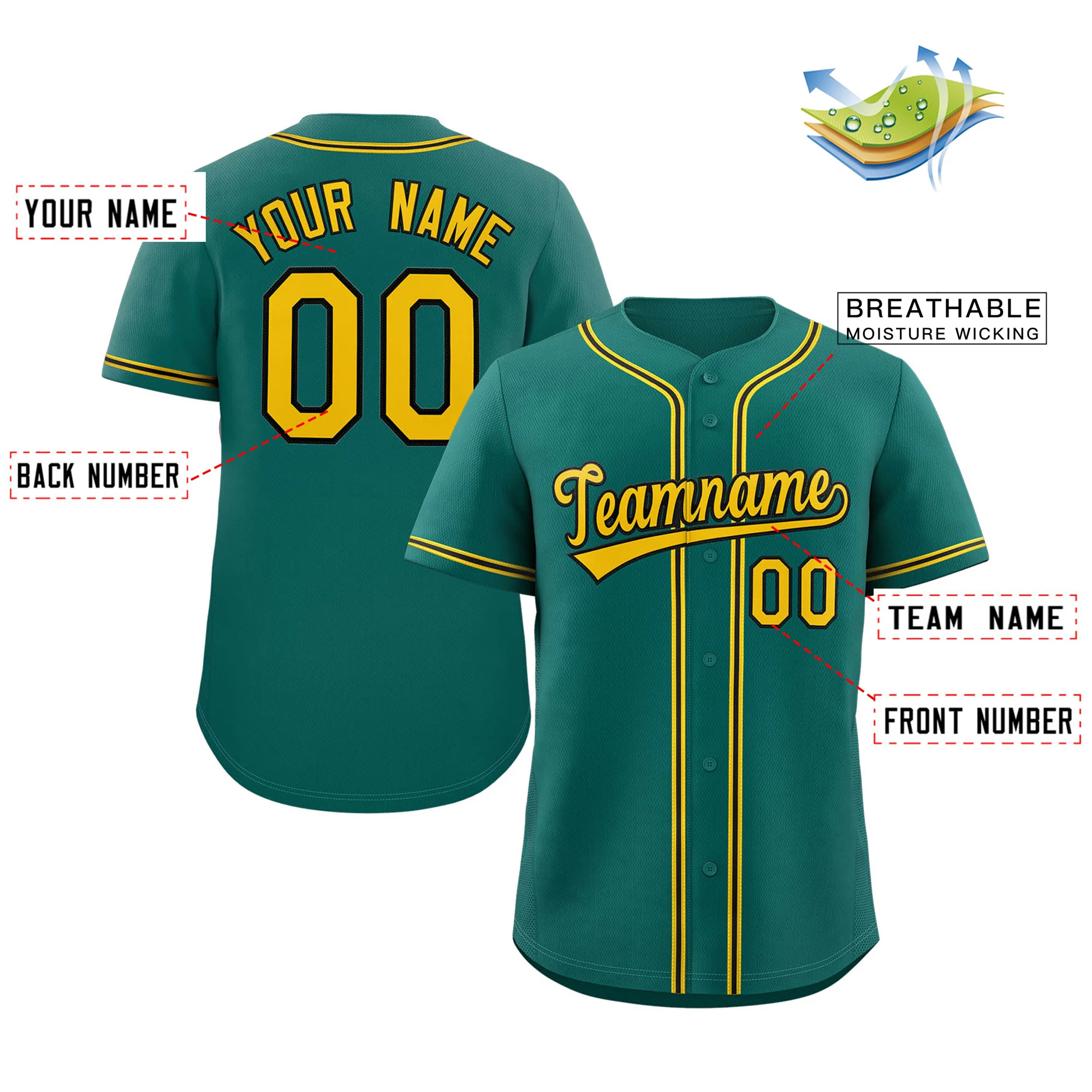 Custom Teal Yellow-Black Classic Style Authentic Baseball Jersey - Image 2