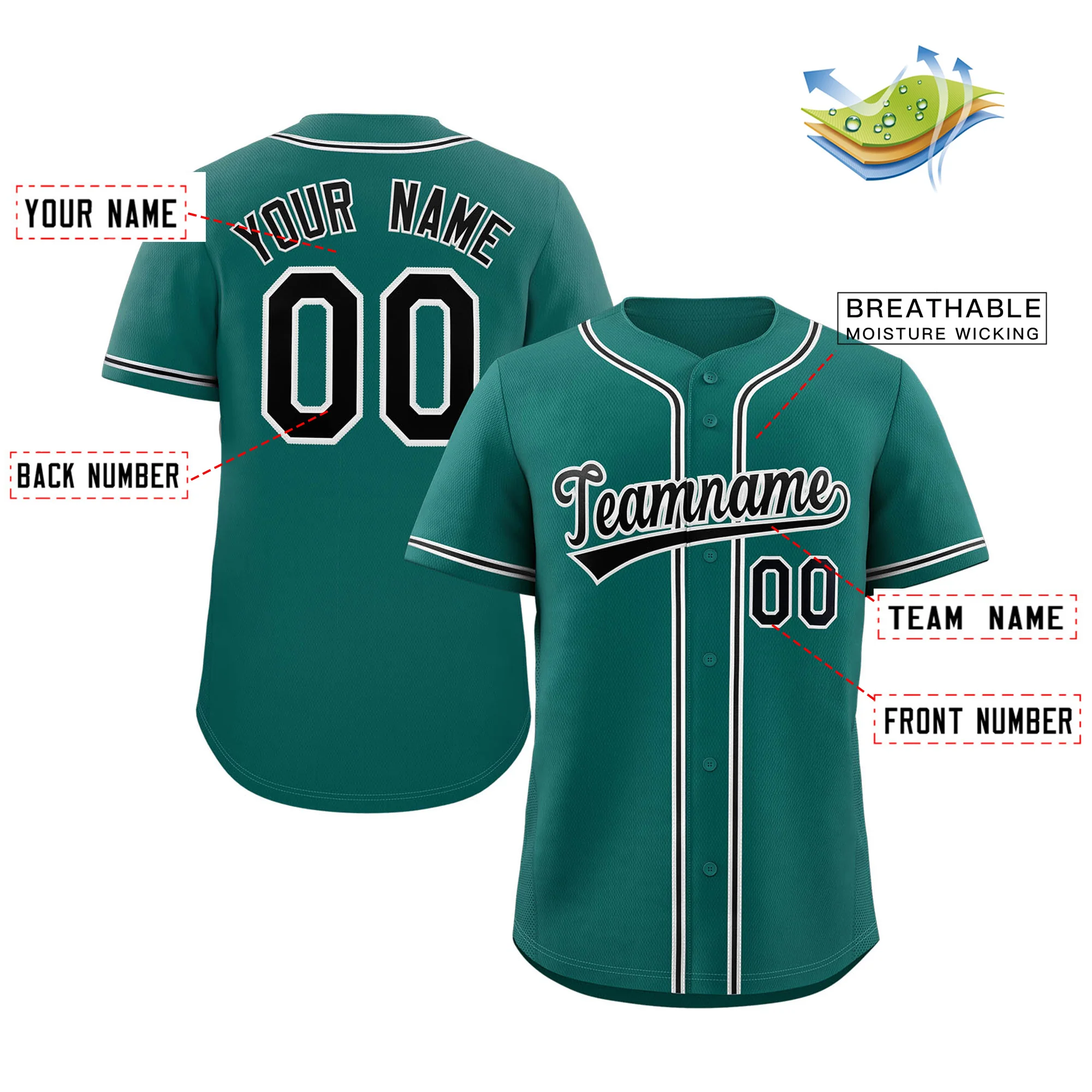 Custom Teal Black-White Classic Style Authentic Baseball Jersey - Image 2