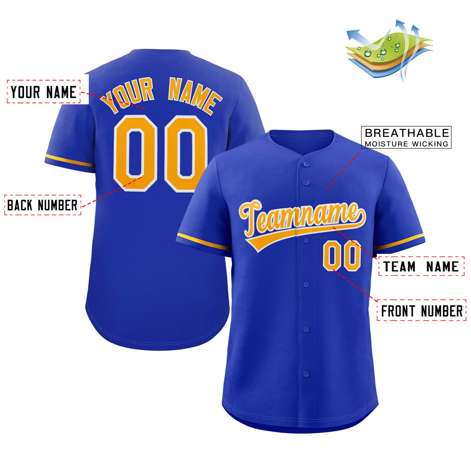 Custom Royal Yellow-White Classic Style Authentic Baseball Jersey - Image 2