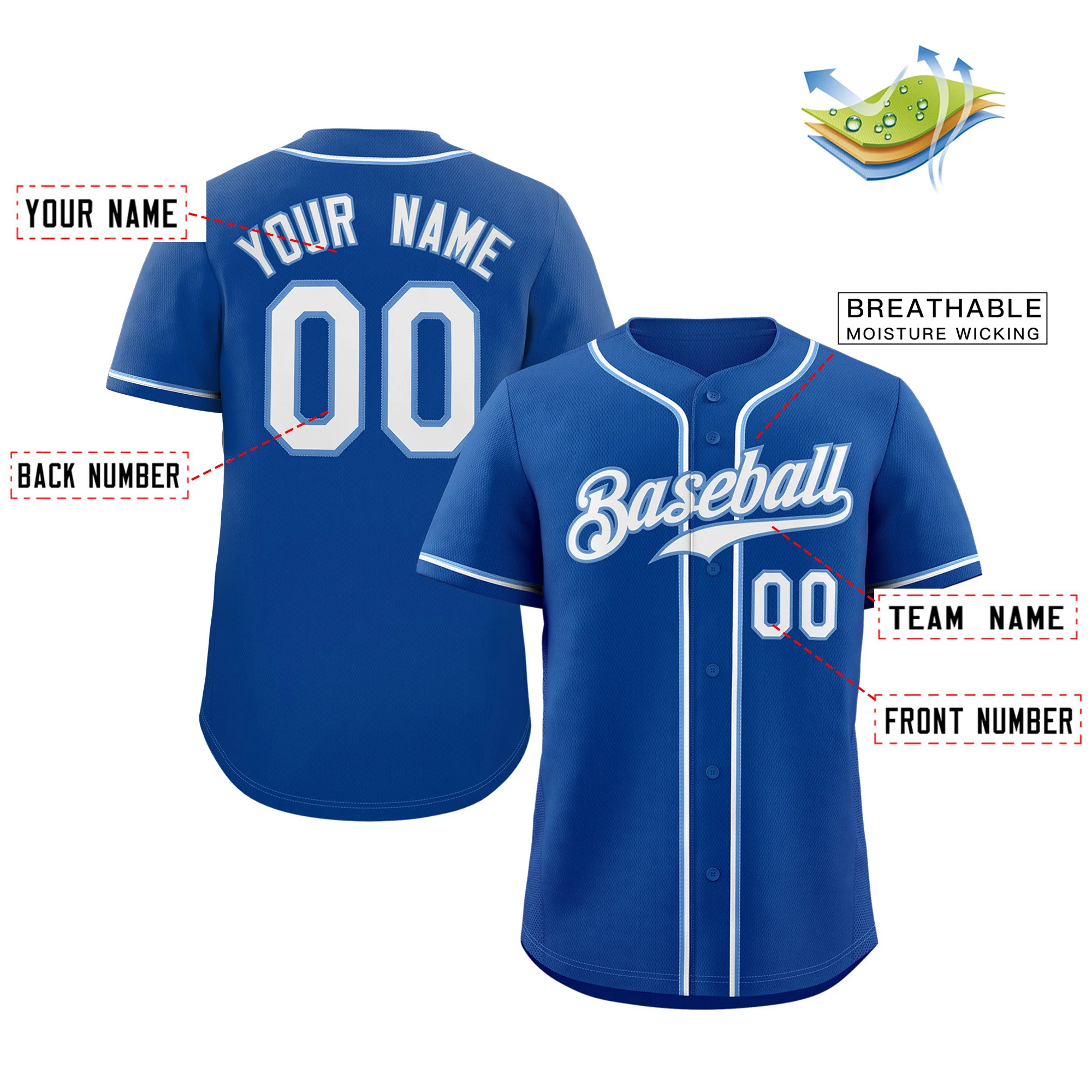 Custom Royal White-Light Blue Classic Style Authentic Baseball Jersey - Image 3