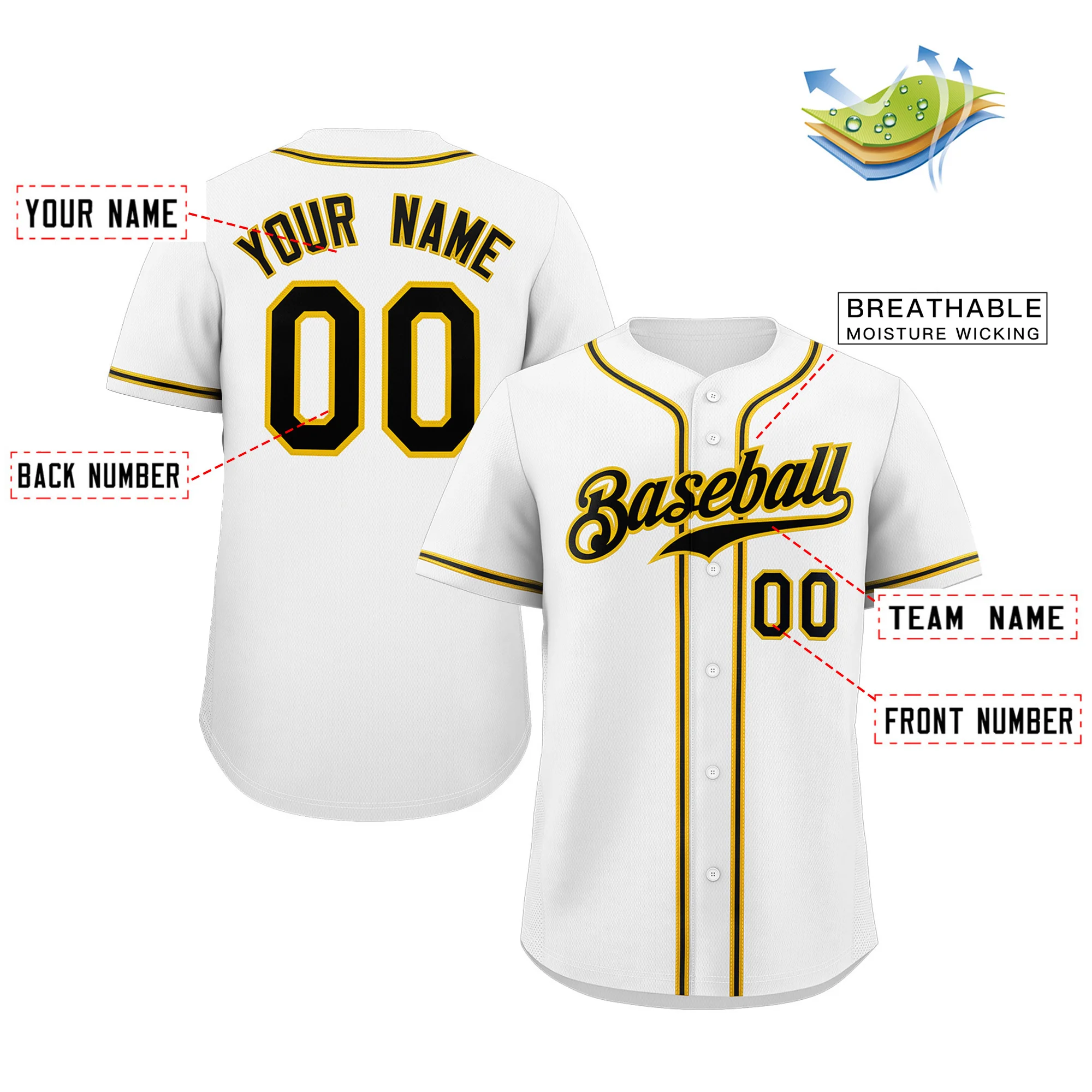 Custom White Black-Yellow Classic Style Authentic Baseball Jersey - Image 2