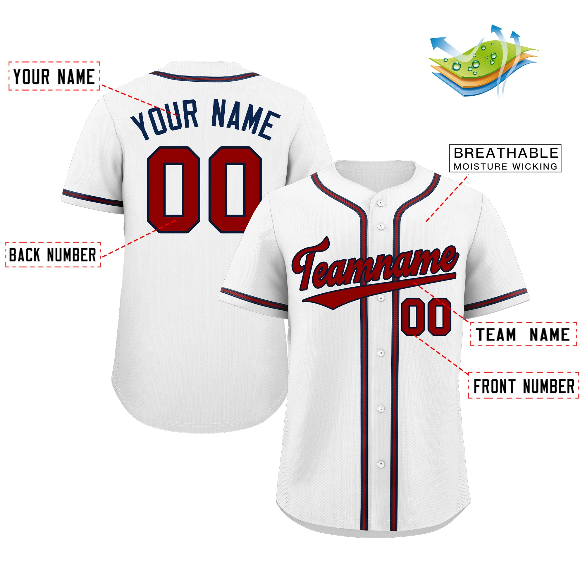 Custom White Red-Navy Classic Style Authentic Baseball Jersey - Image 2
