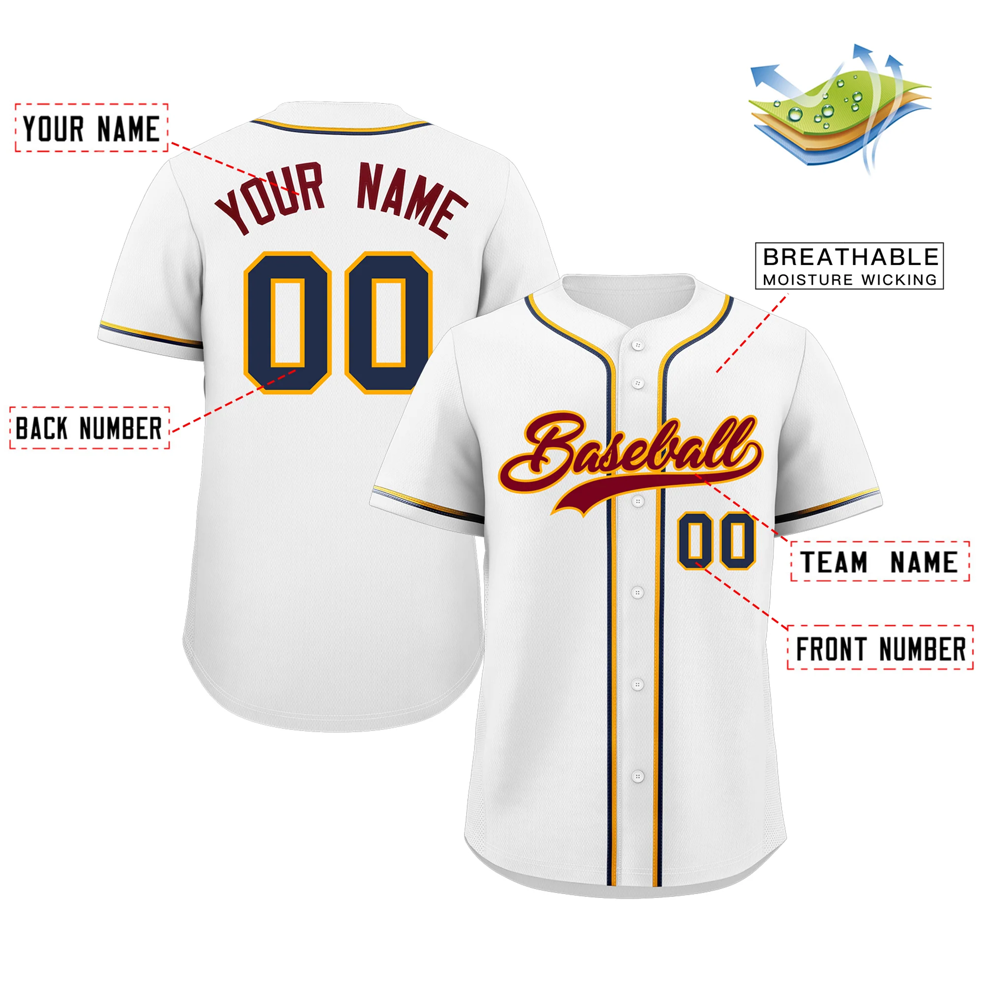 Custom White Crimson-Yellow Classic Style Authentic Baseball Jersey - Image 2