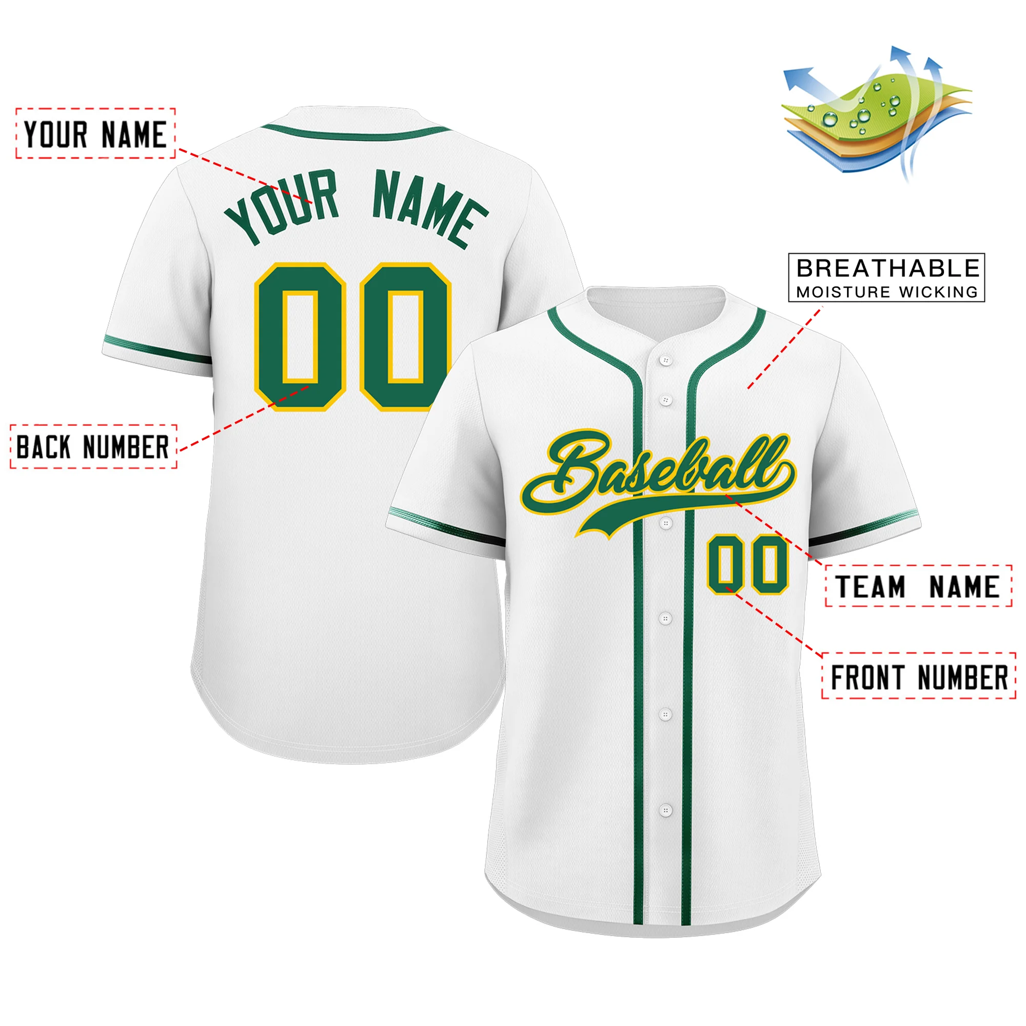Custom White Green-Yellow Classic Style Authentic Baseball Jersey - Image 2